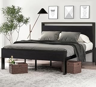 SHA CERLIN 14 Inch Queen Size Metal Platform Bed Frame with Wooden Headboard and Footboard, Mattress Foundation, No Box Spring Needed, Large Under Bed Storage, Non-Slip, Black Oak