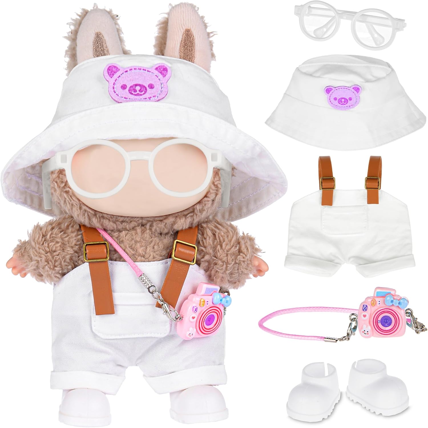 iBayda 17cm Fashion Doll Clothes & Accessories Set Include: Hat, Overall, Shoes, Glasses and Bag- Cute Clothes for Dress up Unique Style (Doll Not Included), White