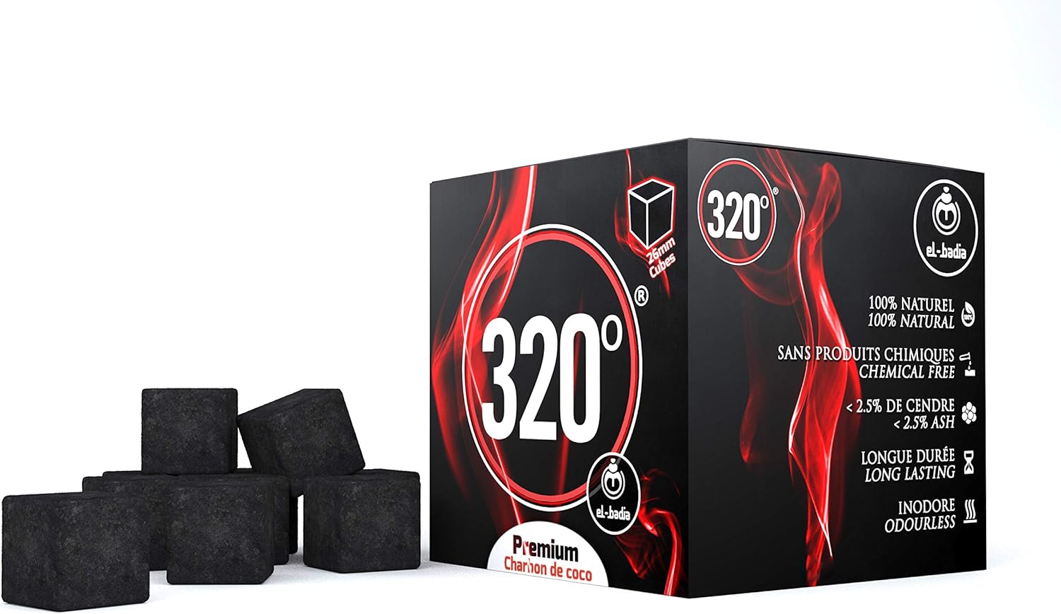 320° Premium Shisha Coconut Charcoal Coal (26mm Cube) for Hookah BBQ - 1 kg - 64 Pieces Nicotine Free