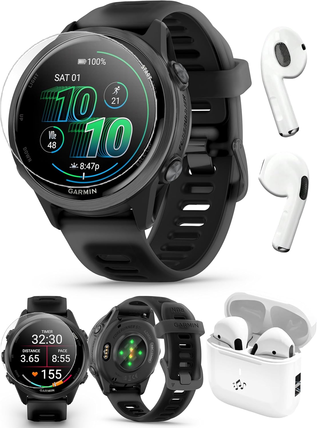PlayBetter Garmin Forerunner 570 (42mm, Slate Gray/Translucent Black) Advanced GPS Running and Triathlon Smartwatch Bundle HD Screen Protectors & Wireless Earbuds