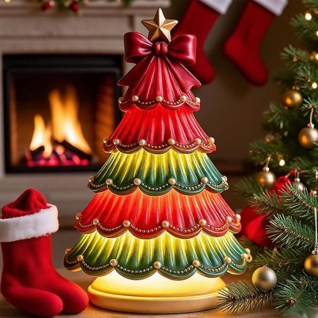 Ceramic Christmas Tree, Tabletop Painted Christmas Tree Lights Decorations, Red Green Golden Star Topper, Battery Operated Small Lighted Tree for Home Office Table Holiday Decor