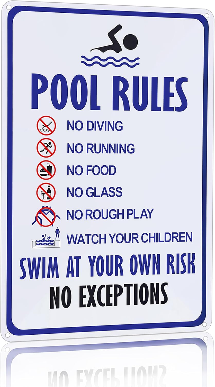 Pool Rules Sign Warning Swim At Your Own Risk Vintage Tin Sign for Swimming Pool Water Park Beach Decor 8x12 Inches (3097)
