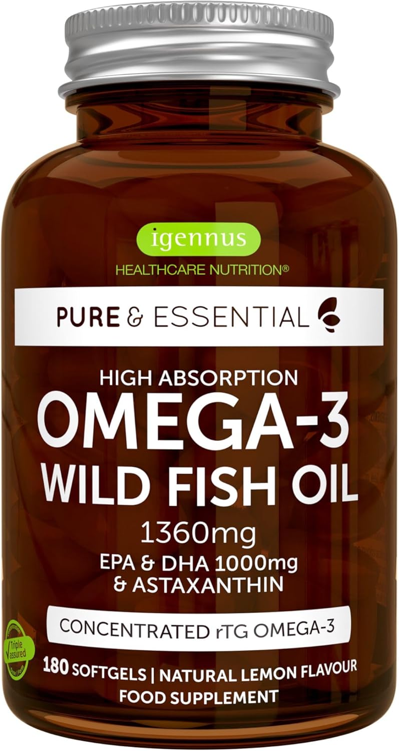 Igennus Omega-3 Wild Fish Oil & Astaxanthin, Highest Grade Triglyceride rTG, IFOS Certified Ultra Pure, Omega-3 EPA & DHA Fatty Acids 1000mg, Lemon Flavour, 180 Small Softgels