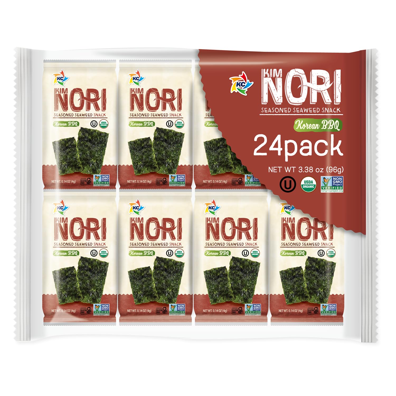 KIMNORI Premium Organic Seaweed Snacks – Crispy Korean BBQ (KBBQ) Laver, Keto, Vegan & Low Calorie Superfood, 24 Pack Family Size (4g/0.14 Ounce)