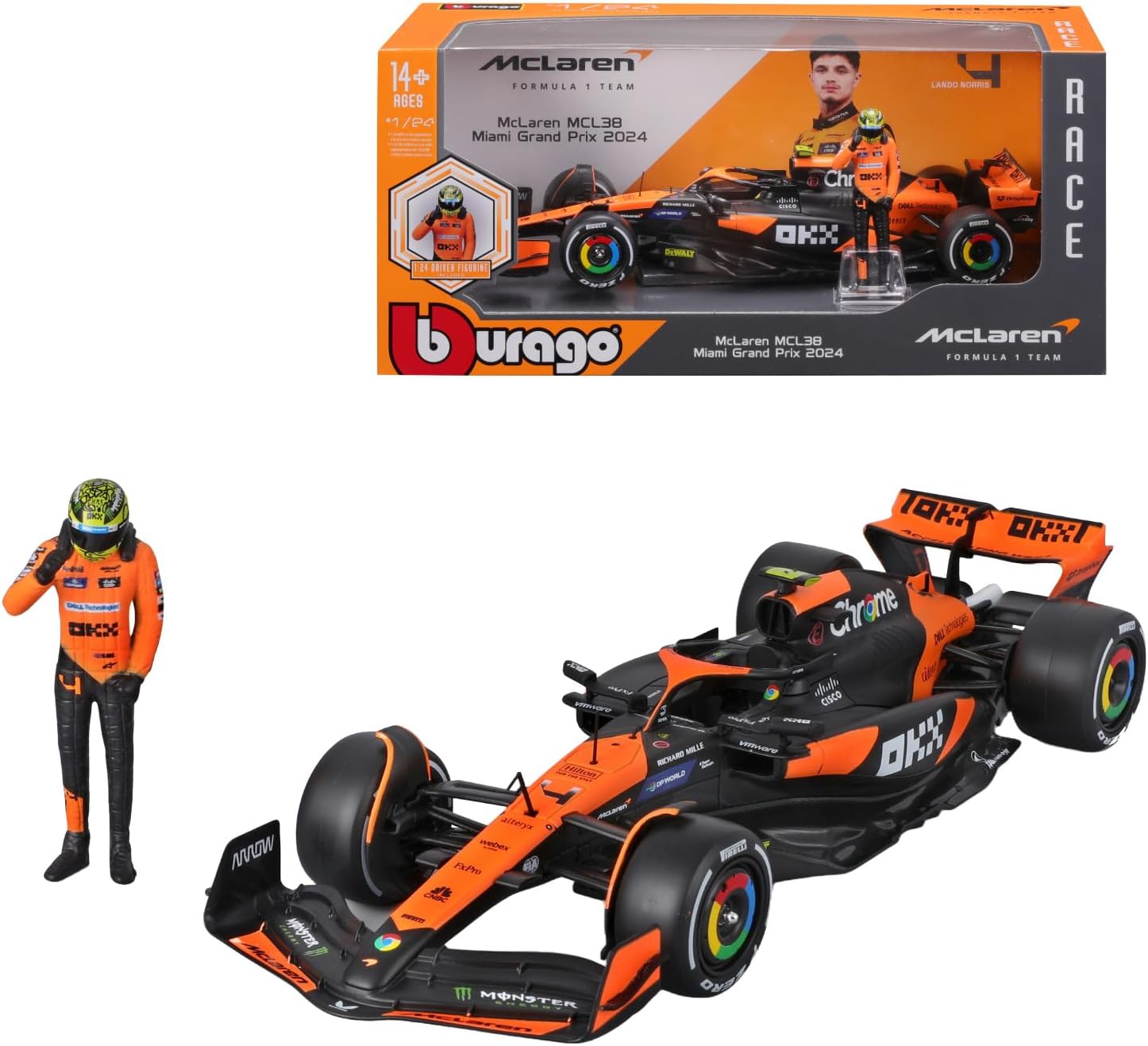 Bburago F1 Formula 1 MCLAREN MCL38 (2024) WITH DRIVER FIGURE- NORRIS - 1:24 Scale - Incredibly Detailed Die-Cast Replica Collectible Race Car Model