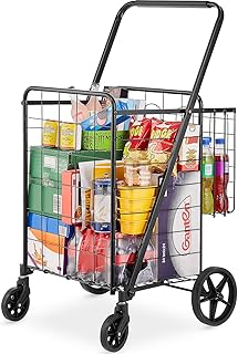 VEVOR Folding Shopping Cart, Jumbo Grocery Cart with Double Baskets, 360° Swivel Wheels, Heavy Duty Utility Cart, 110 LBS Large Capacity Utility Cart for Laundry, Shopping, Grocery, Luggage