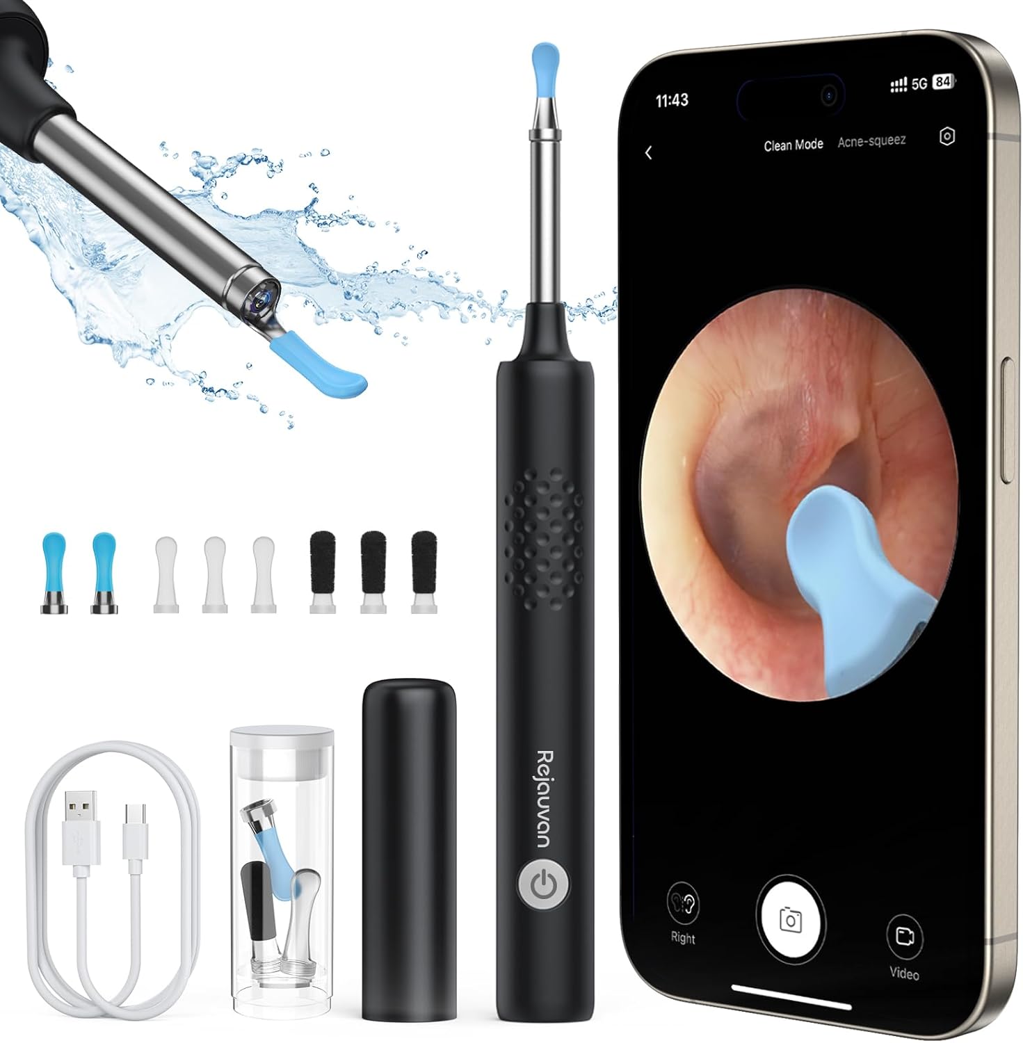 Rejauvan Ear Wax Removal, Wireless Ear Cleaner with Camera, Ear Wax Removal Tool Camera with 1080P HD, Otoscope with 6 Lights, Ear Wax Remover for iPhone, iPad, Android Phones, Black