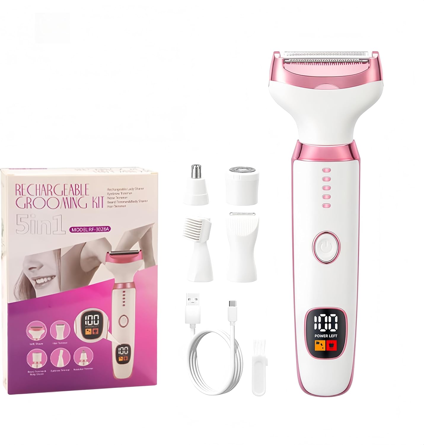 Electric Lady Shaver for Women, Wet & Dry 5-in-1 Bikini Trimmer and Facial Hair Remover for Women – for Face, Nose, Eyebrows, Arms, Underarms, Legs & Bikini Line – Painless Grooming Kit