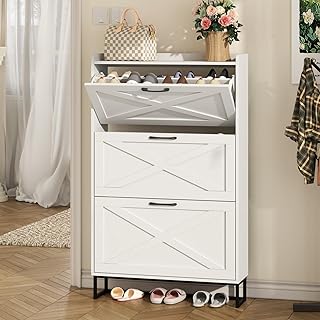 Maupvit Shoe Storage Cabinet with 3 Flip Drawers, Freestanding Organizer with Metal Legs for Entryway, Narrow Shoe Rack Cabinet, White
