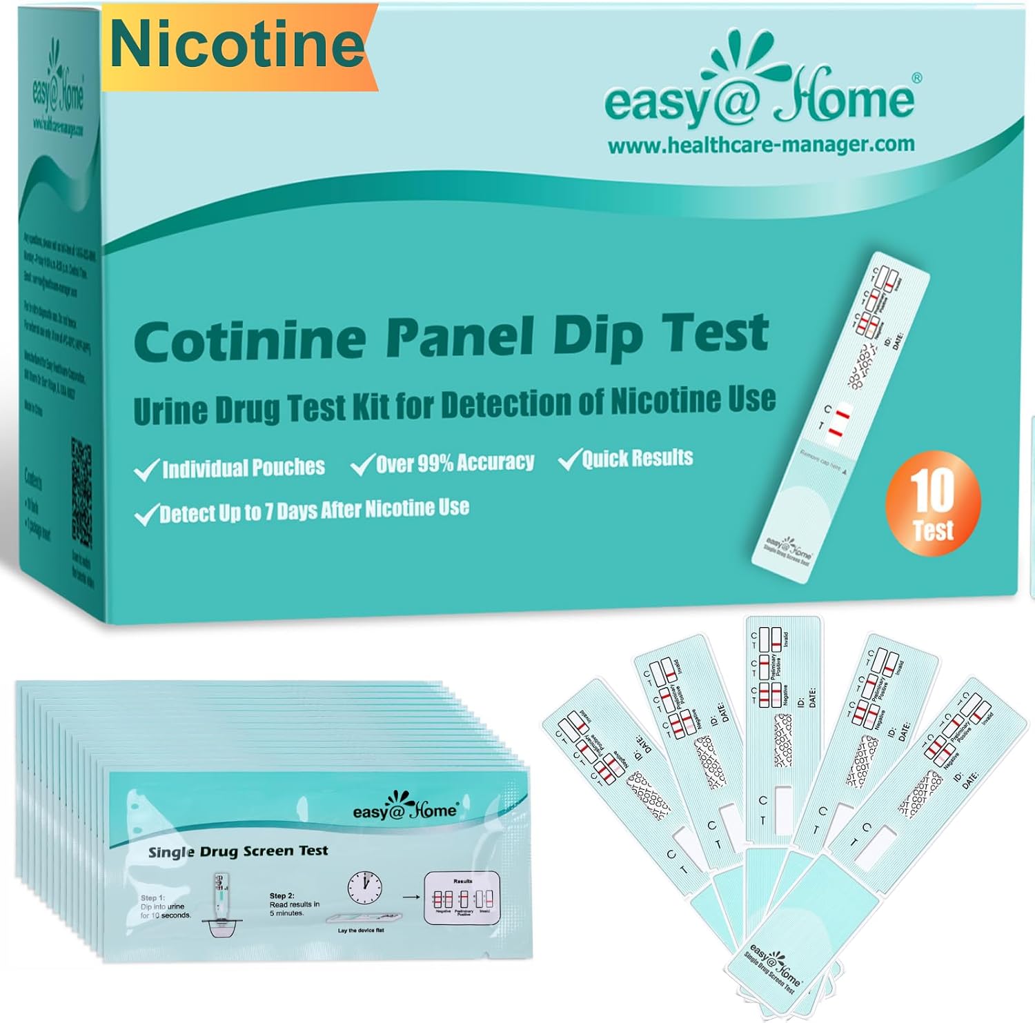 Easy@Home 10 Pack Nicotine Urine Test Strips Kit, Sensitive Rapid Testing Detection 200 ng/mL #ECOT-114