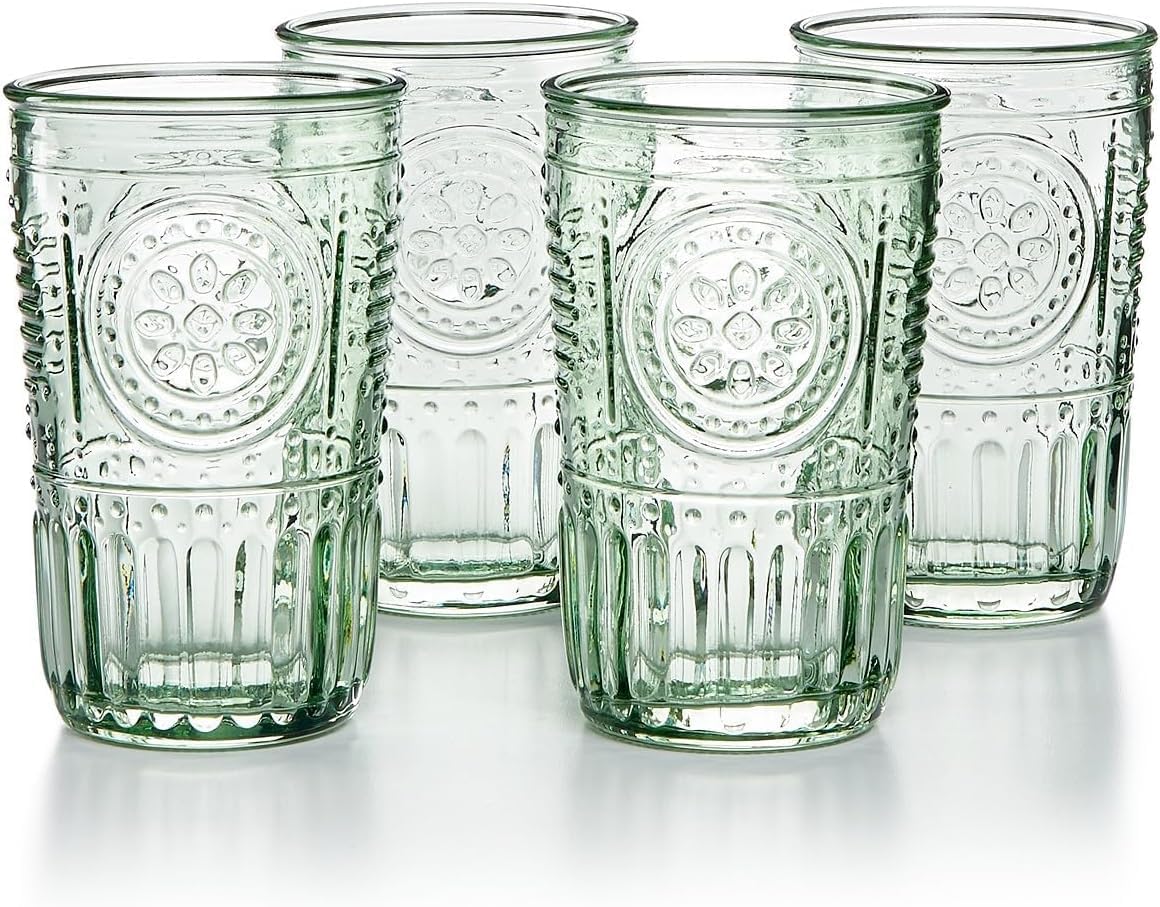 Bormioli Rocco Romantic Set Of 4 Cooler Glasses, 16 Oz. Colored Crystal Glass, Pastel Green, Made In Italy.