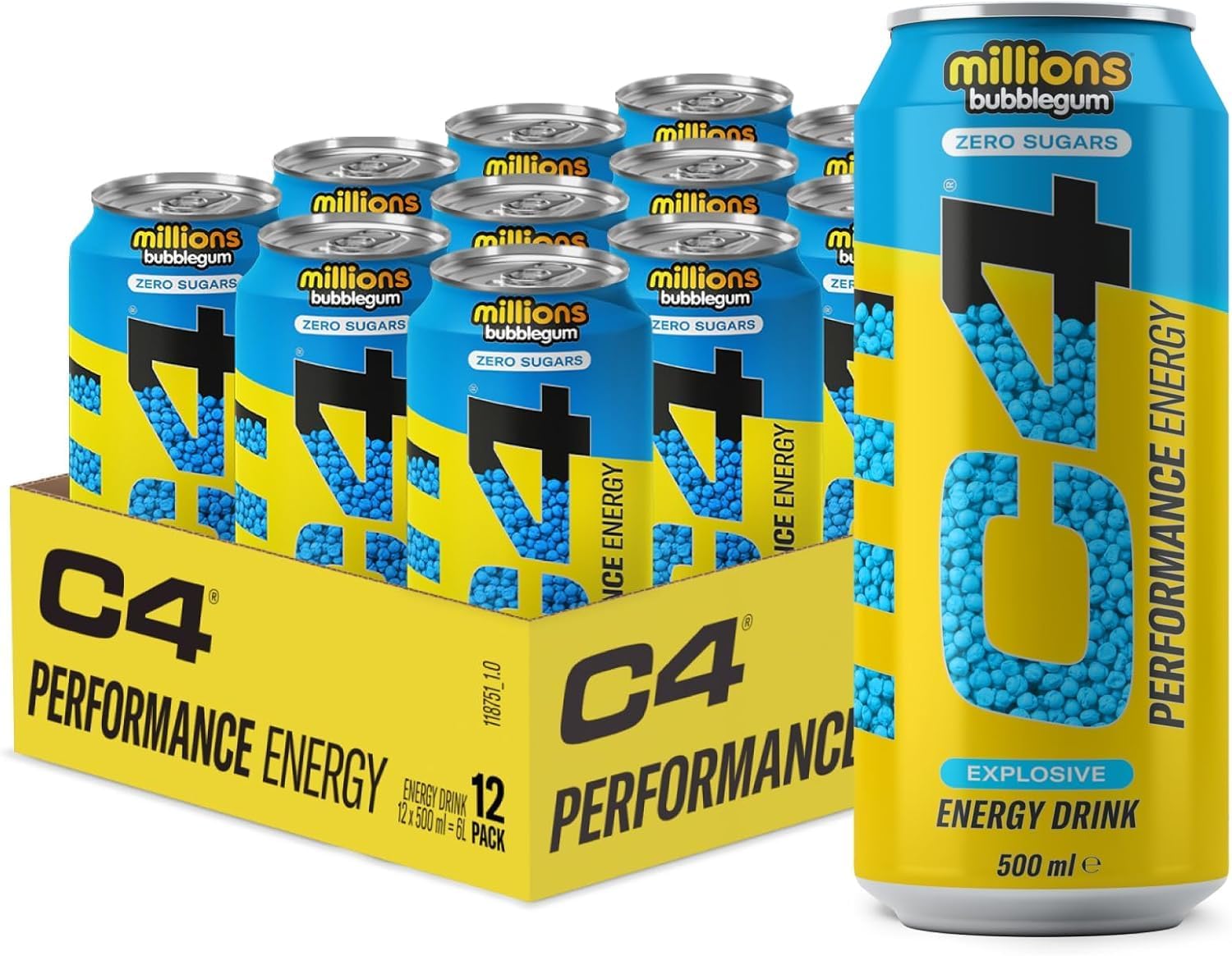 C4 Performance Energy Drink, Bubblegum Flavour, 500ml, Pack of 24
