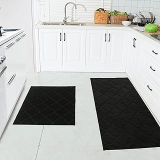 COSY HOMEER Soft Kitchen Rugs [2 PCS] for in Front of Sink Super Absorbent Kitchen Floor Mats and Mats 24x35 Inch/24X60 Non-Skid Kitchen Mat Standing Mat Washable,Polyester,Black