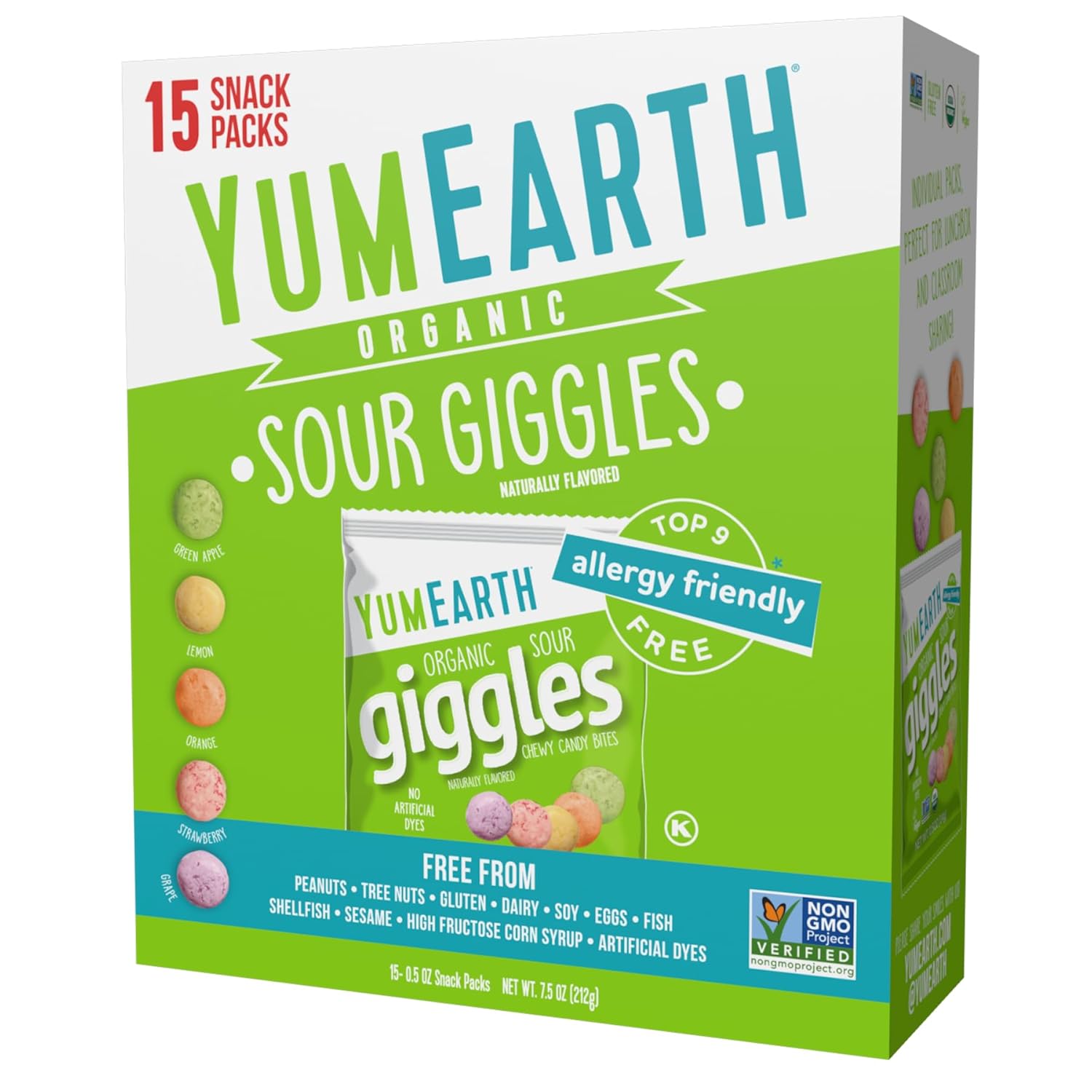 YumEarth Organic Sour Giggles Chewy Candy – Allergy Friendly, No Artificial Dyes, Non GMO, Gluten Free, Sour Fruit Flavored, Vegan Candy Snacks with No Artificial Flavors, 0.5 ounce (Box of 15)​