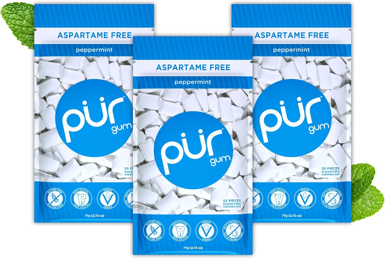PUR Gum | Sugar Free Chewing Gum | Made with Xylitol | Vegan, Aspartame Free, Gluten Free & Keto Friendly | Natural Peppermint Flavoured Gum, 55 Pieces (Pack of 3)