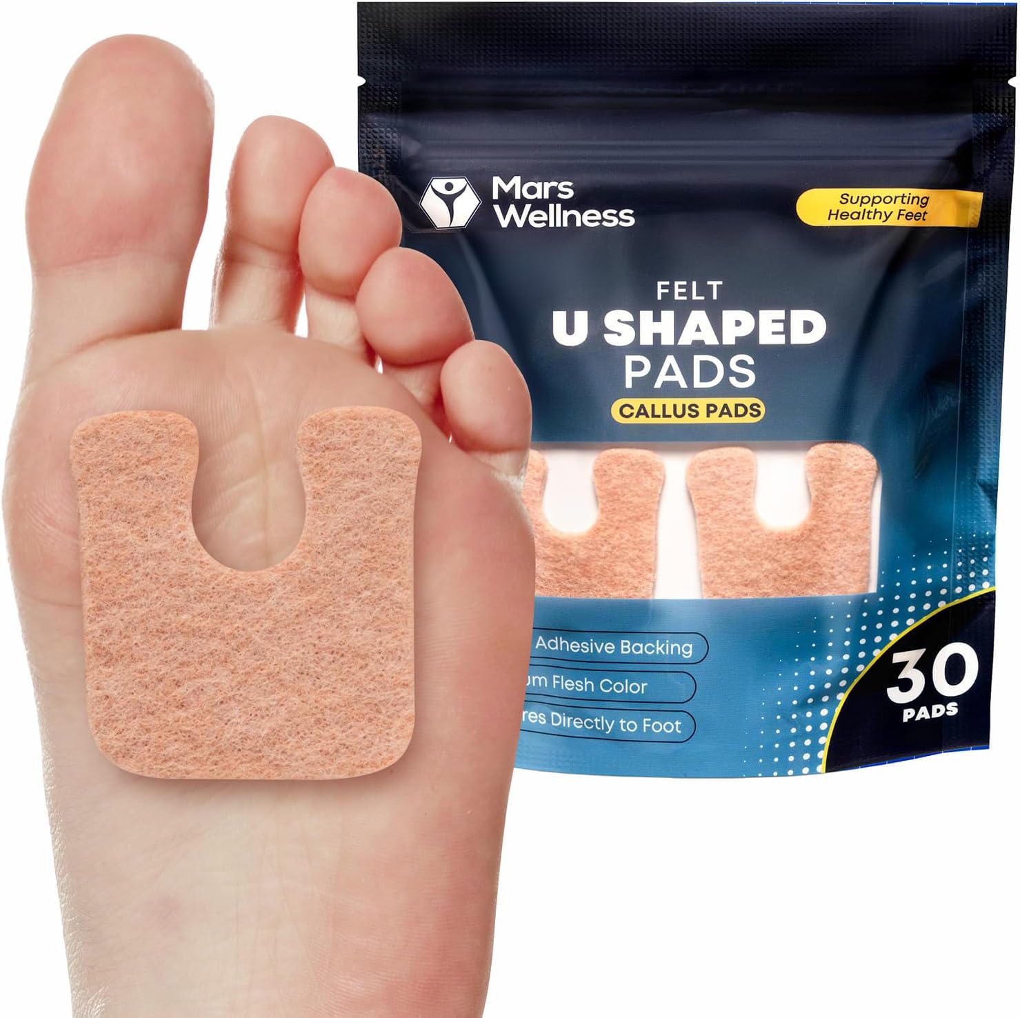 Mars Wellness U-Shaped Callus Pads for Feet, 1/4" Thick, Flesh Colored, Pack of 30 with Adhesive Backing - Callus Remover for Feet, Callus Cushions