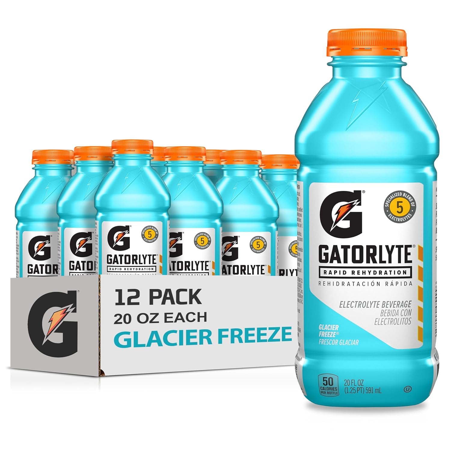 Gatorlyte Rapid Rehydration Electrolyte Drink, Glacier Freeze, 20 fl oz Bottles (12 Pack), Specialized Blend of 5 Electrolytes, Lower Sugar, No Artificial Sweeteners, No Artificial Flavors, Gatorade, Hydration