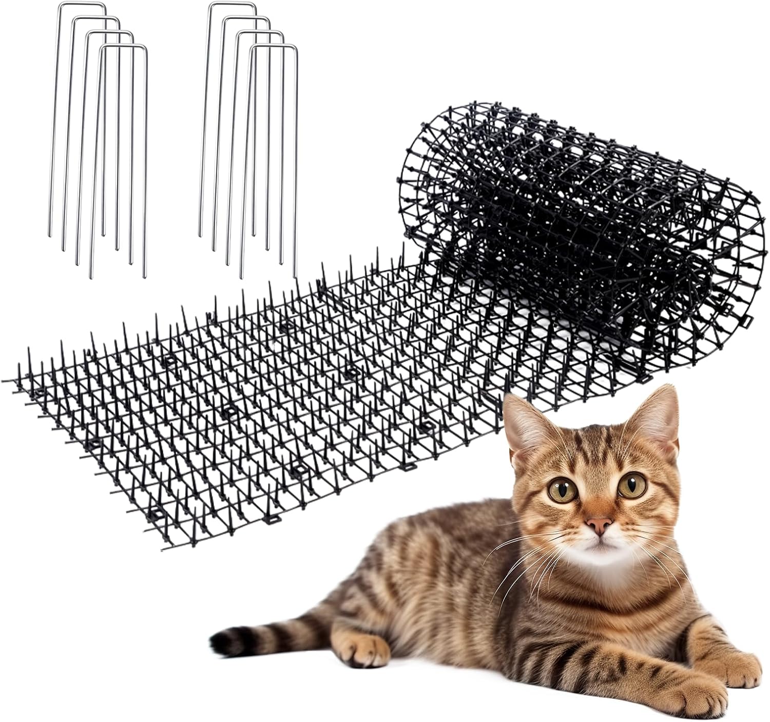 10ft Cat Scat Mat with Spikes Outdoor, Scat Mats for Dogs, Includes 8 Garden Staples
