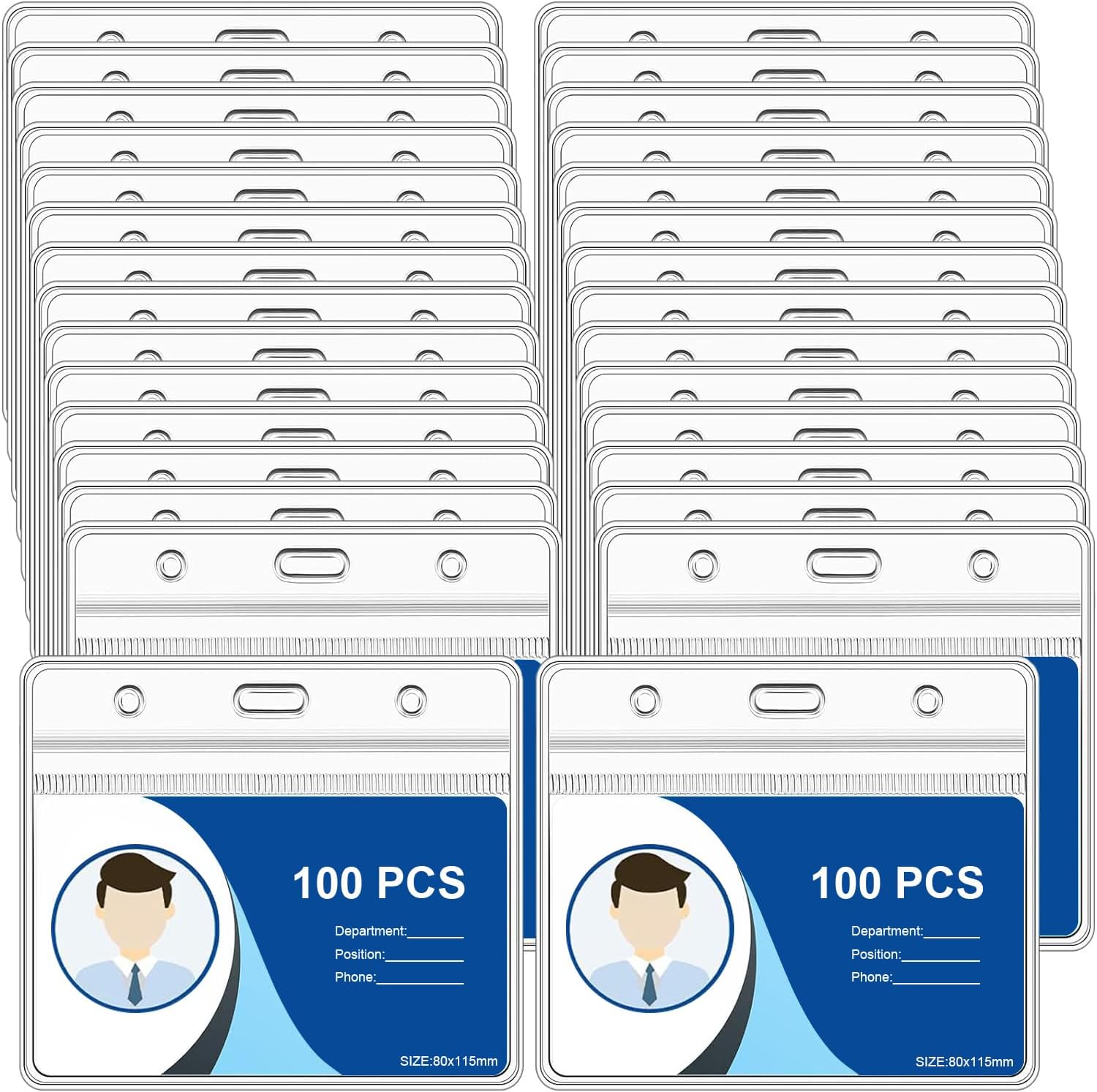 100pcs Plastic Card Holder for Lanyard, Horizontal Clear ID Badge Holders