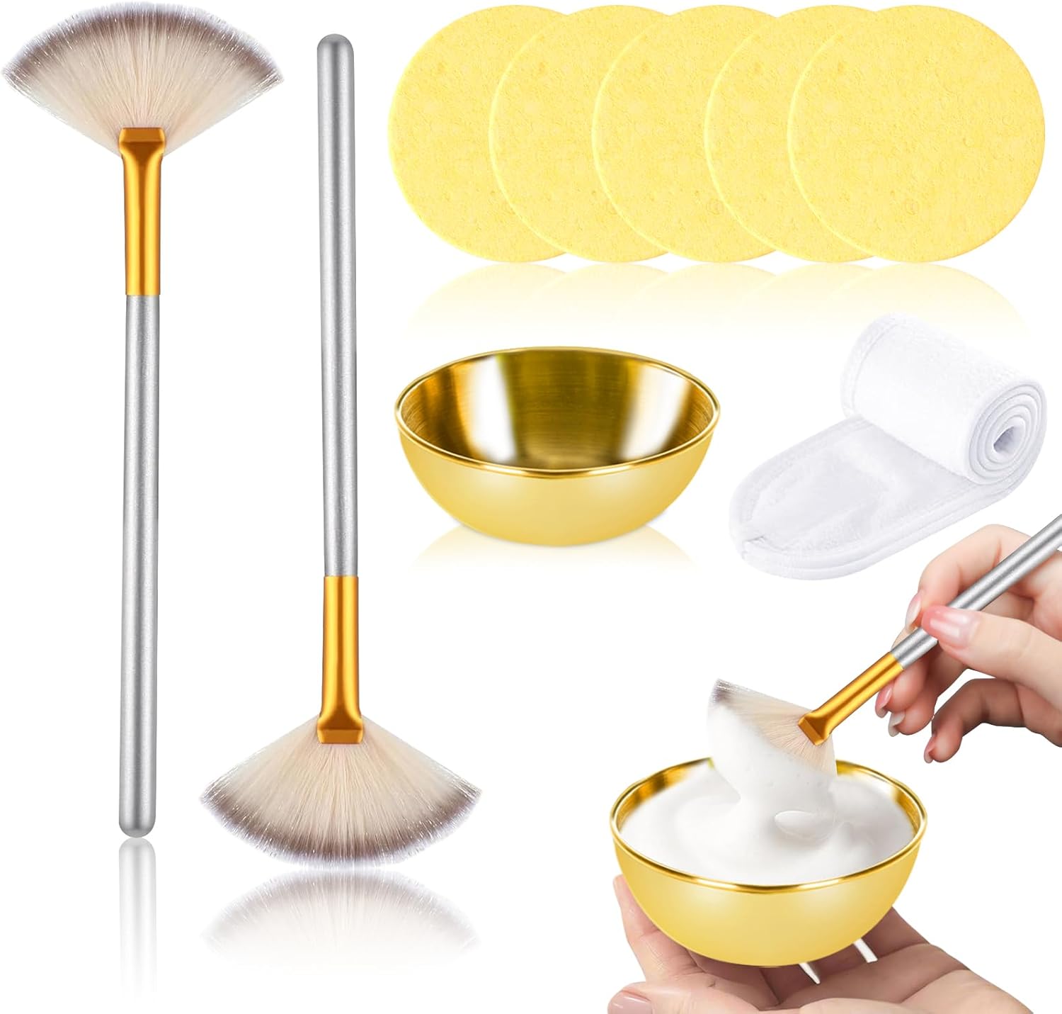 Facial Mask Brush and Bowl Set Large Gold Facial Mixing Bowl 2 Fluffy Fan Brushes 5 Compressed Facial Sponges Headband Professional Mask Applicator Tools for Skincare Routine