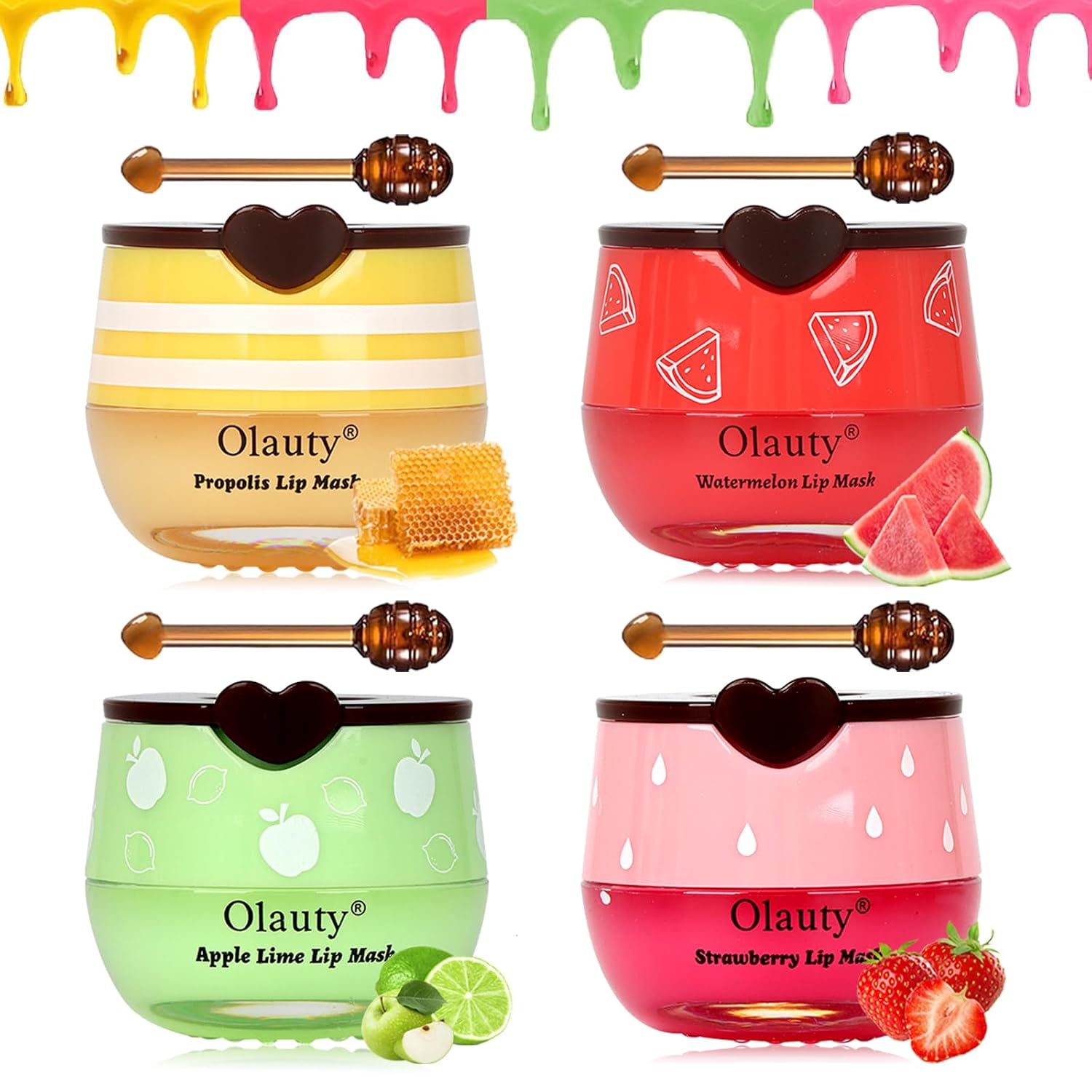 4 Pack Lip Balm Lip Mask,Hydrating Lip Balm Honey&Strawberry&Watermelon&Apple Lime Lip Sleeping Mask Propolis Moisturizing with Stick,Vitamin E Cracked&Chapped Lips,Reduces Lip Lines