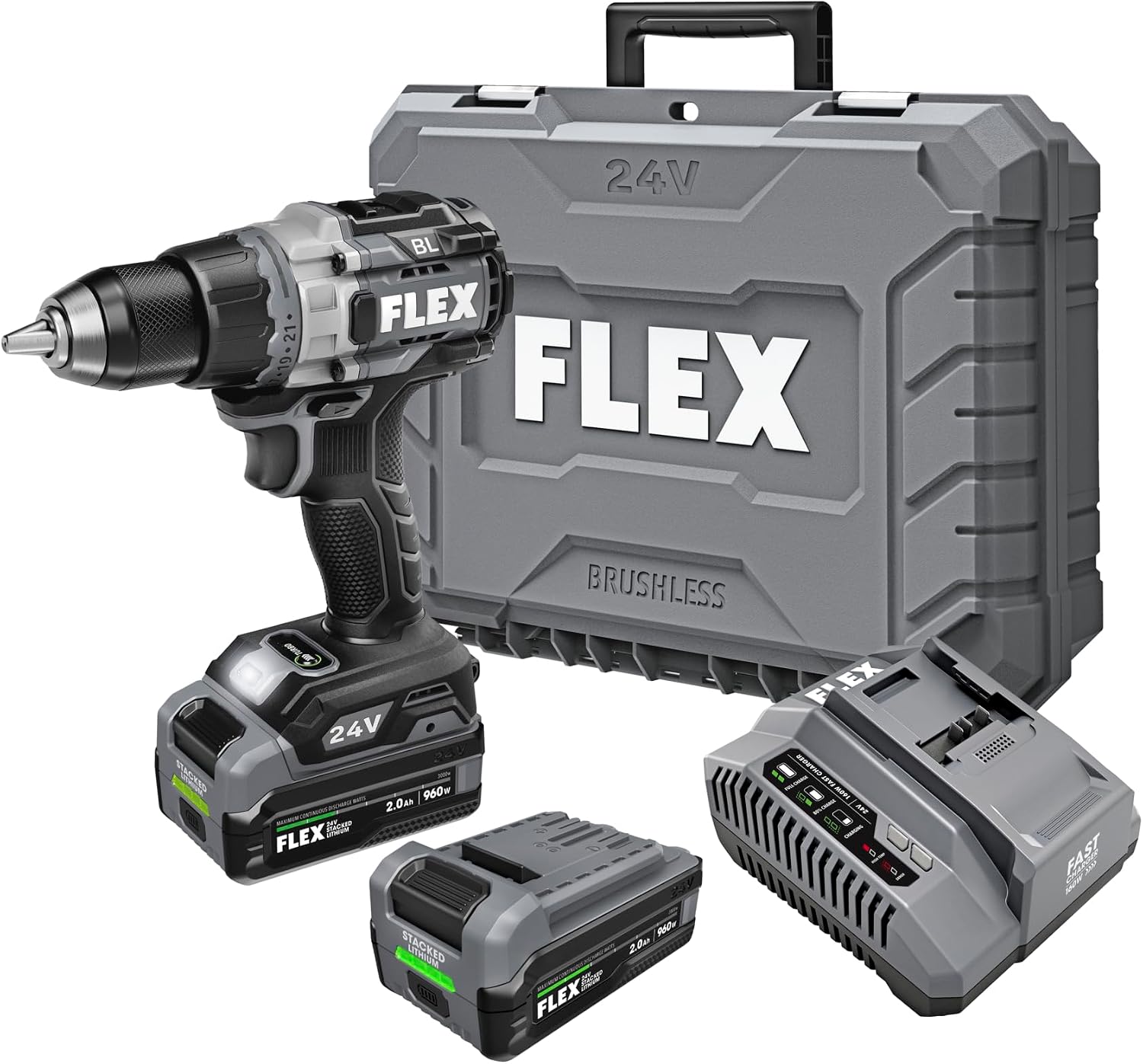 FLEX 24V Brushless Cordless 1/2-Inch 1,400 In-Lbs Torque 2-Speed Drill Driver Turbo Mode Kit with (2) 2.0Ah Lithium Batteries and 160W Fast Charger - FX1171T-2K