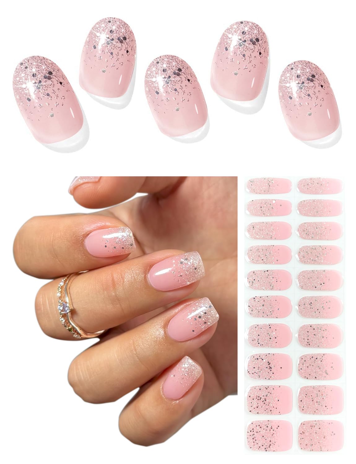 Semi Cured Gel Nail Strips (White Glitter Tip), 20 Pcs Pink Gel Nail Wraps, Stickers, UV Light Required, Salon Quality, Long Lasting
