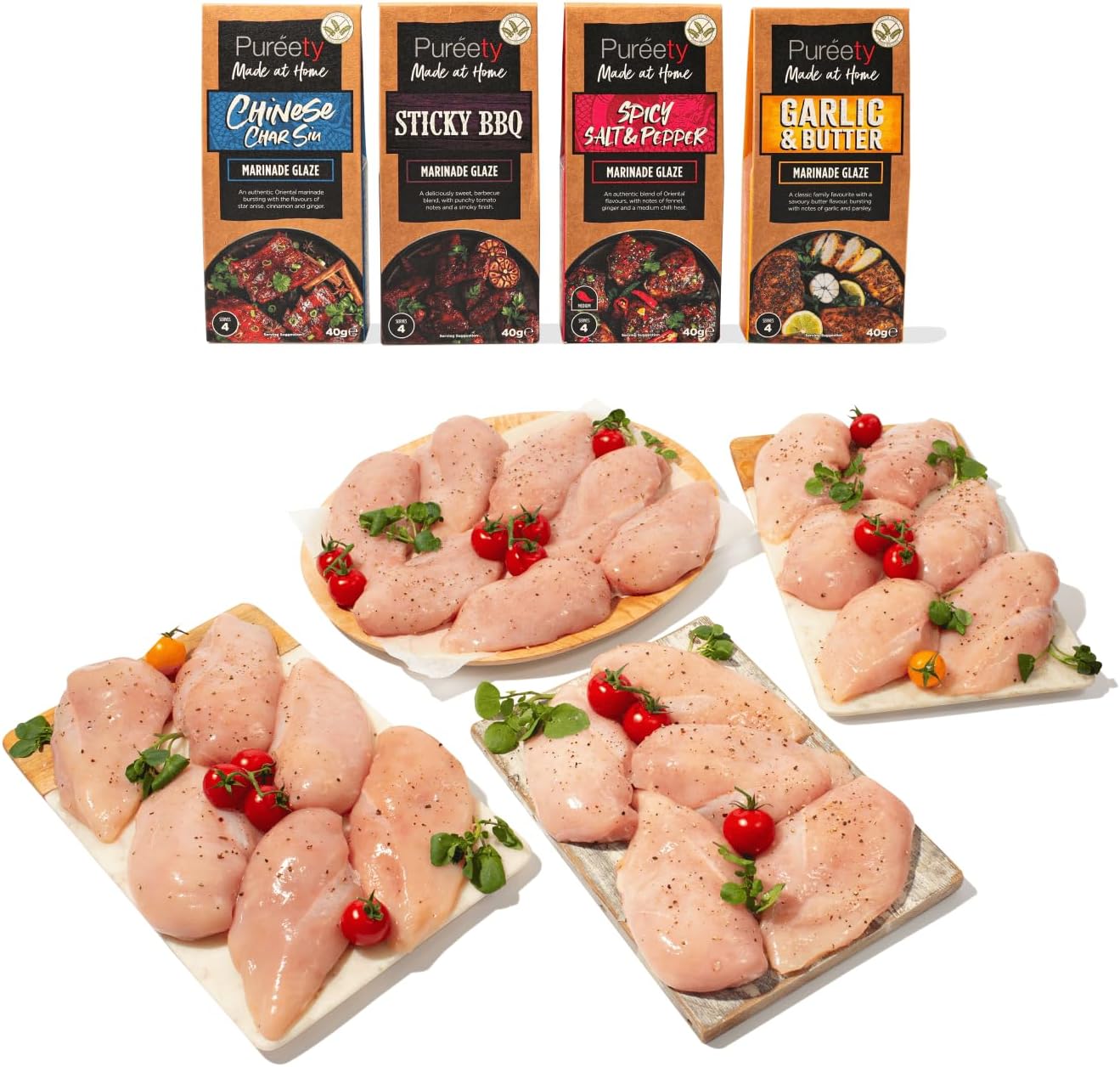 MuscleFood 5kg Premium Chicken Breast Fillets & Pureety Marinade Glaze Bundle | Hand-Trimmed Chicken Breasts | 4 x 40g Flavoured Marinade Glaze Seasonings | Perfect for Meal Prepping & Airfryer |