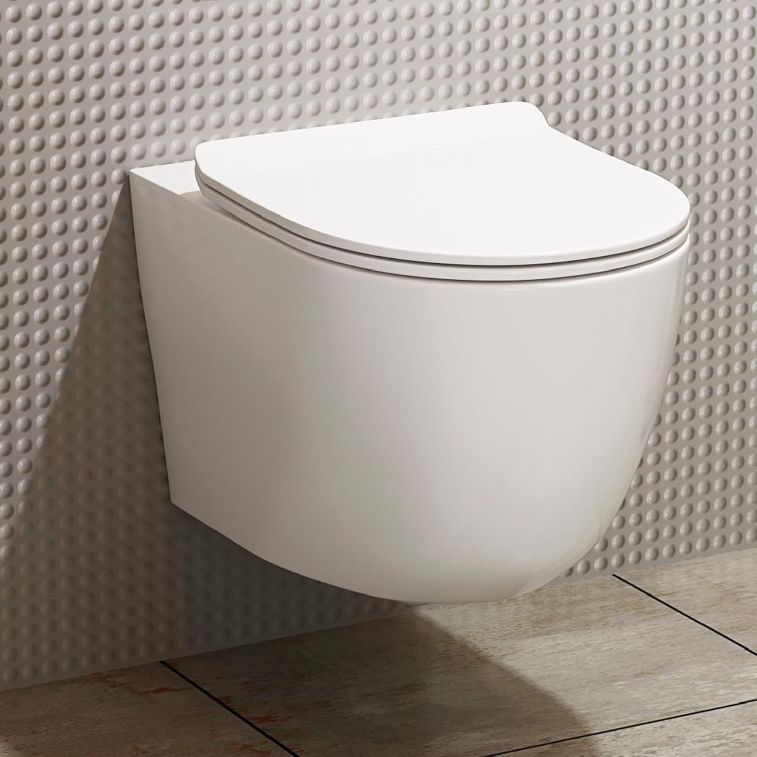 Wall Hung Rimless Toilet Short Projection 360mm Gloss White Round Pan Modern Bathroom Style & Slim Soft Close Seat – Compact Fit (Elva).