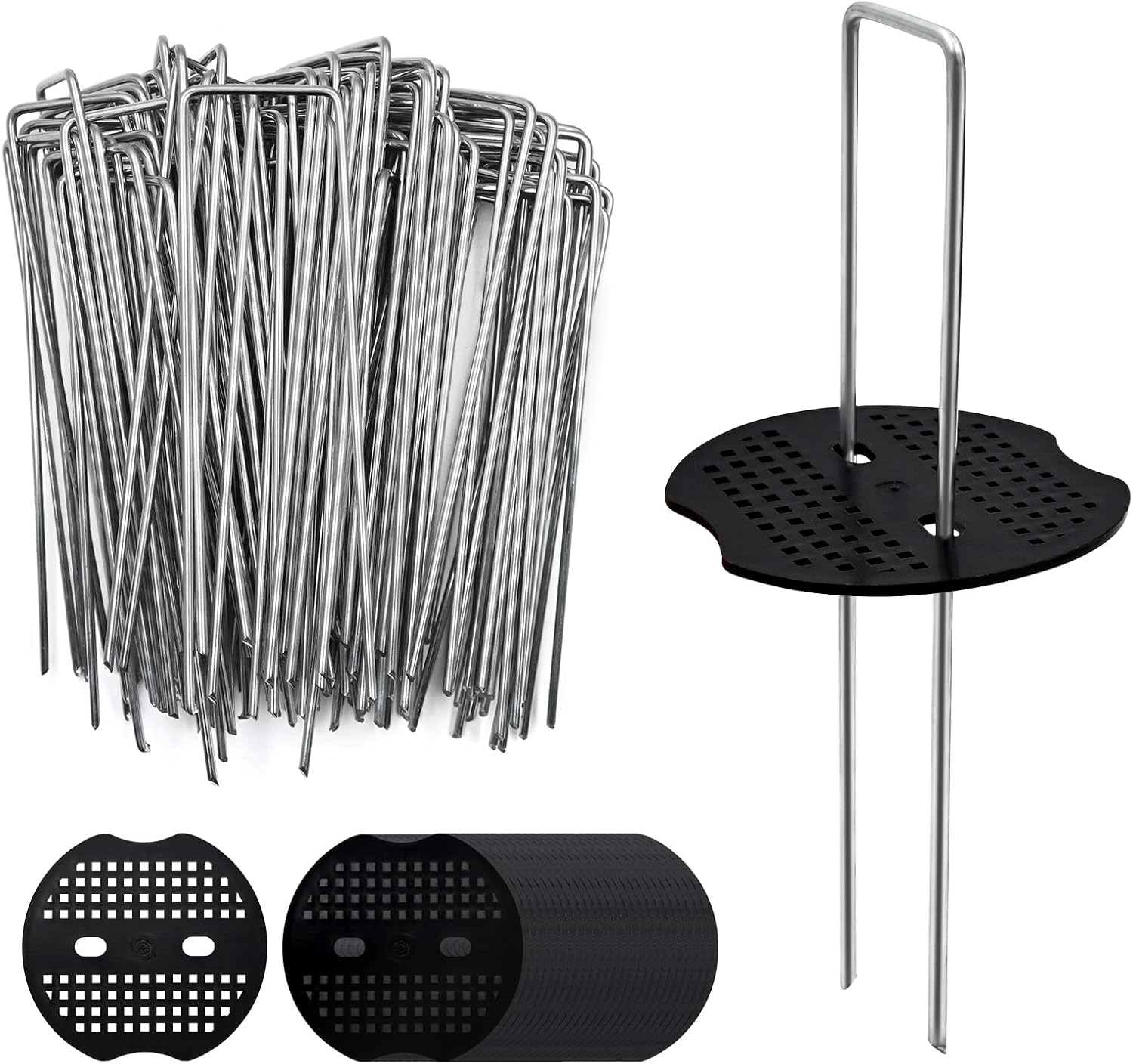 80 Pack 6 Inch Garden Pegs Stakes & 80 Pcs Fixing Washer Set, Pegs Metal Heavy Duty for Garden Landscape, U Shaped Nail Pins for Tents, Artificial Grass, Netting, Weed Control Membrane, Barrier Fabric