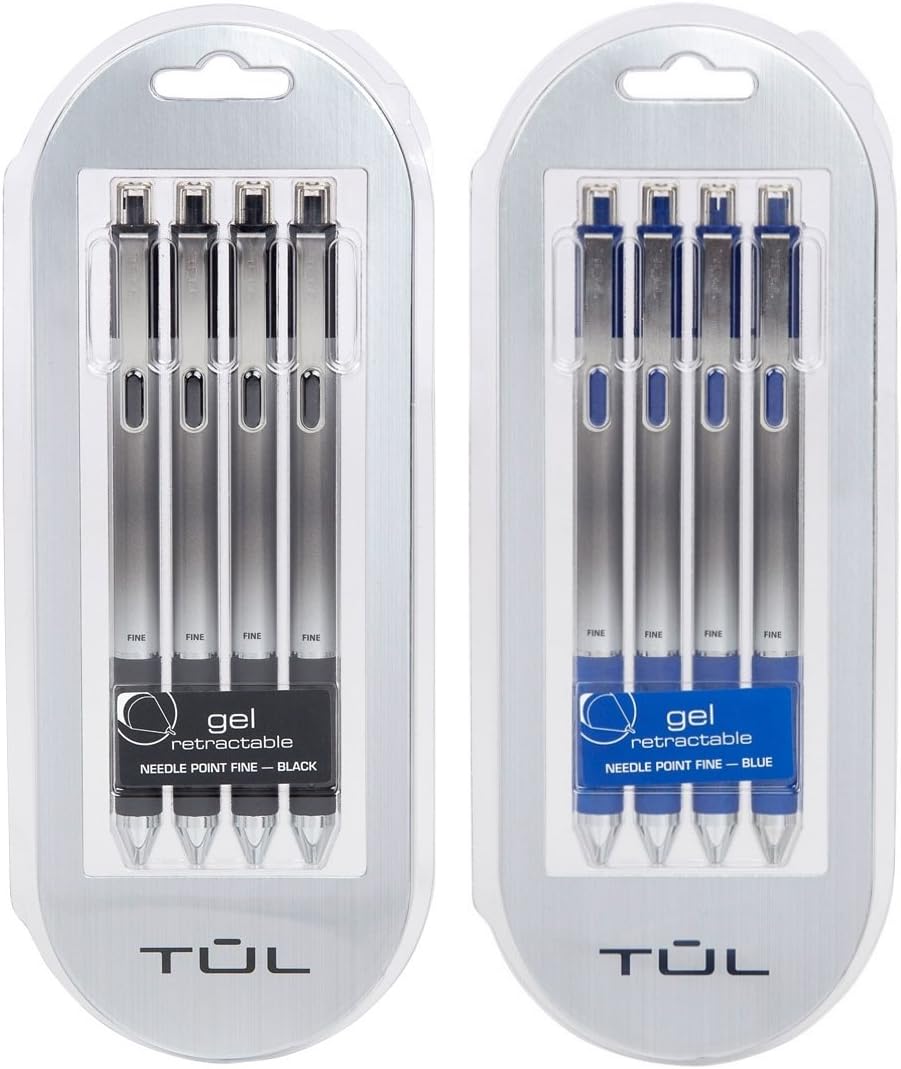 TUL Retractable Gel Pens 0.5mm Needle Point Fine, Black/Blue Bundle (2 4-packs)