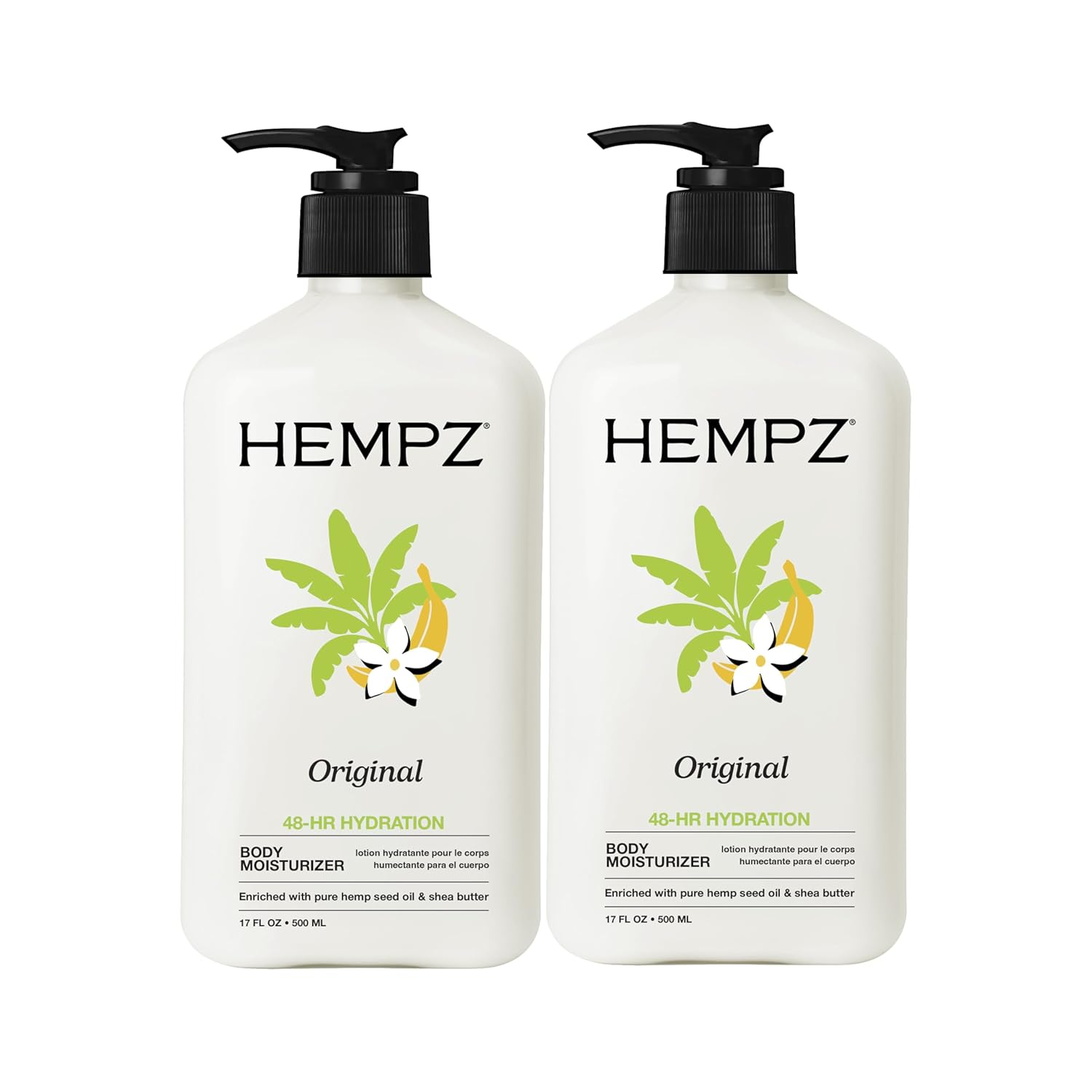 Hempz Original, Natural Hemp Seed Oil Body Moisturizer with Shea Butter & Ginseng, Pure Herbal Skin Lotion for Dryness, Nourishing Vegan Cream, Floral and Banana, 17 Fl Oz, 2 Pack