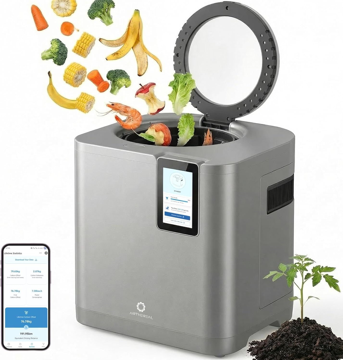 Airthereal Revive R800 5L Smart WiFi Electric Kitchen Composter, Grey