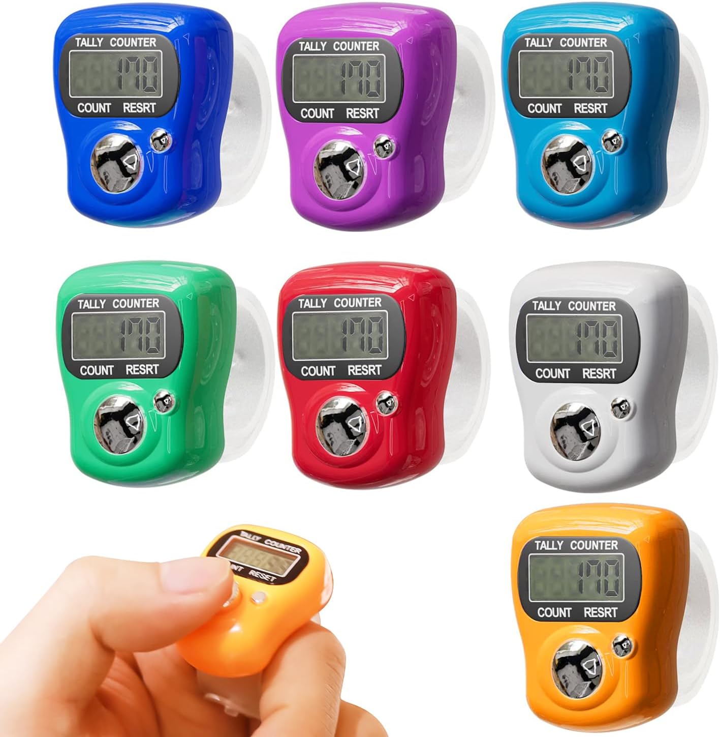 Electronic Finger Tally Counter 7-Pack, Mini LCD Digital Display Tally Counter, Handheld Counter Clicker Pitch Counter for Coaching, Knitting, Lap, Fishing, Golf and Row