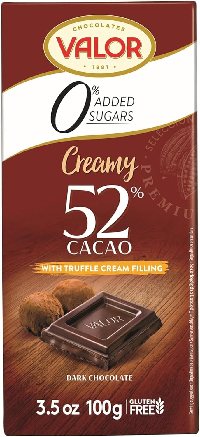 Valor Sugar Free Dark Chocolate Bar - Dark Diabetic Chocolate with Truffle Cream - Delicious Sugar free Chocolate with 52% Cacao, Sweetened with Stevia, Gluten Free, by Master Chocolatiers, 100g Bar