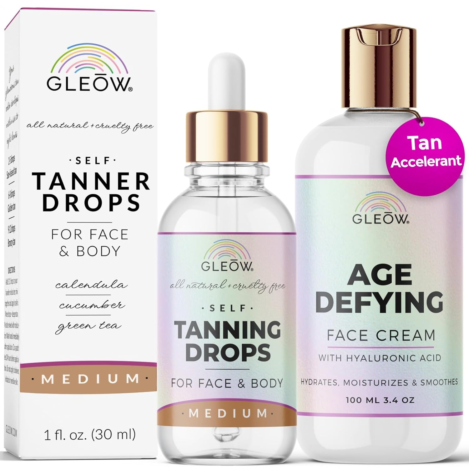 Face Tanning Drops to Add to Moisturizer, Face Self Tanner Drops with Revitalizing Cream, Self Tanning Drops for Face and Body, Bronzing Drops with Hydrating Cream 1oz+3.4oz