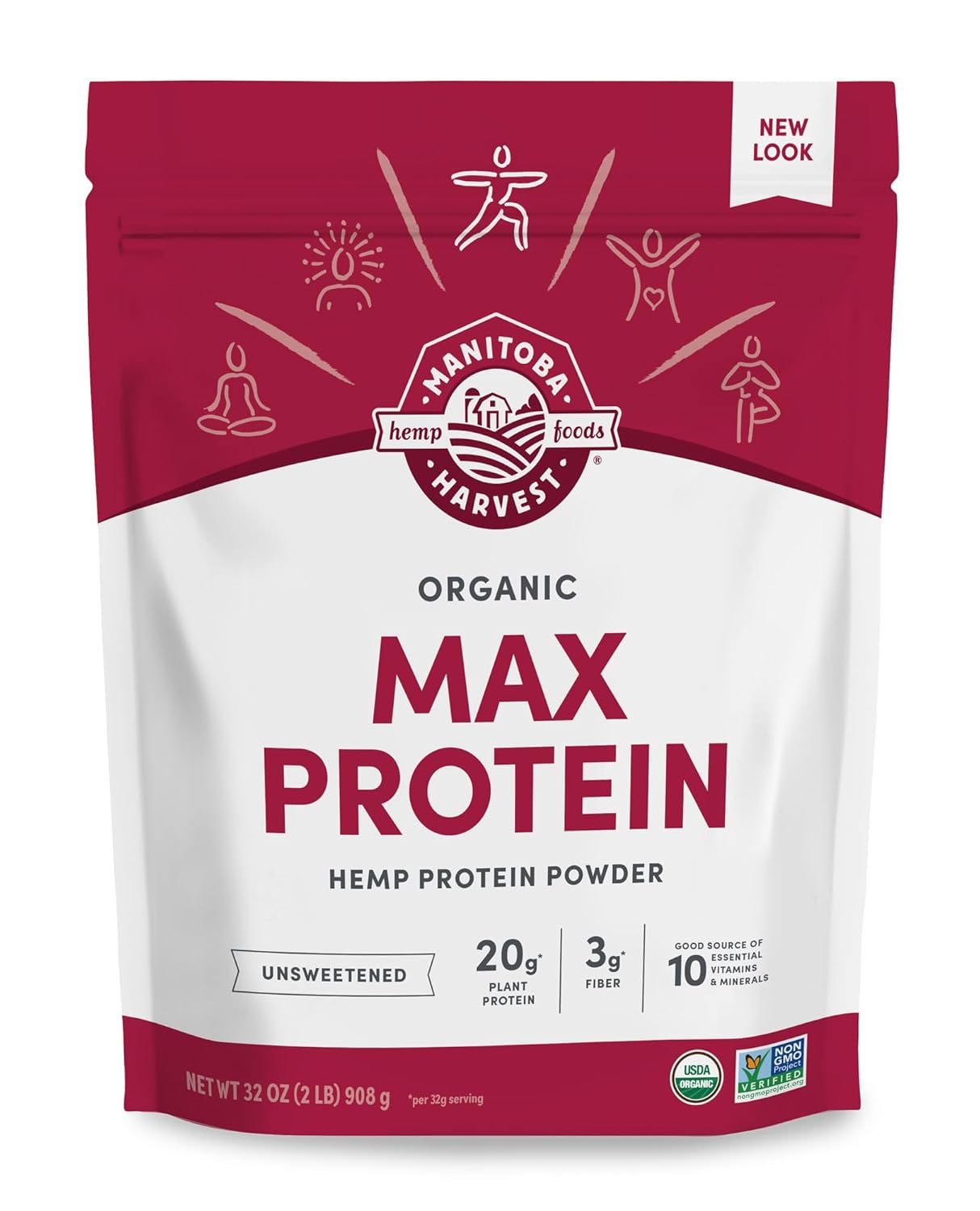 Manitoba Harvest Hemp Yeah Organic Max Protein Powder, Unsweetened, 32oz, with 20g Protein and 4.5g Omegas 3&6 per Serving, Keto-Friendly, Preservative Free, Non-GMO, Packaging May Vary