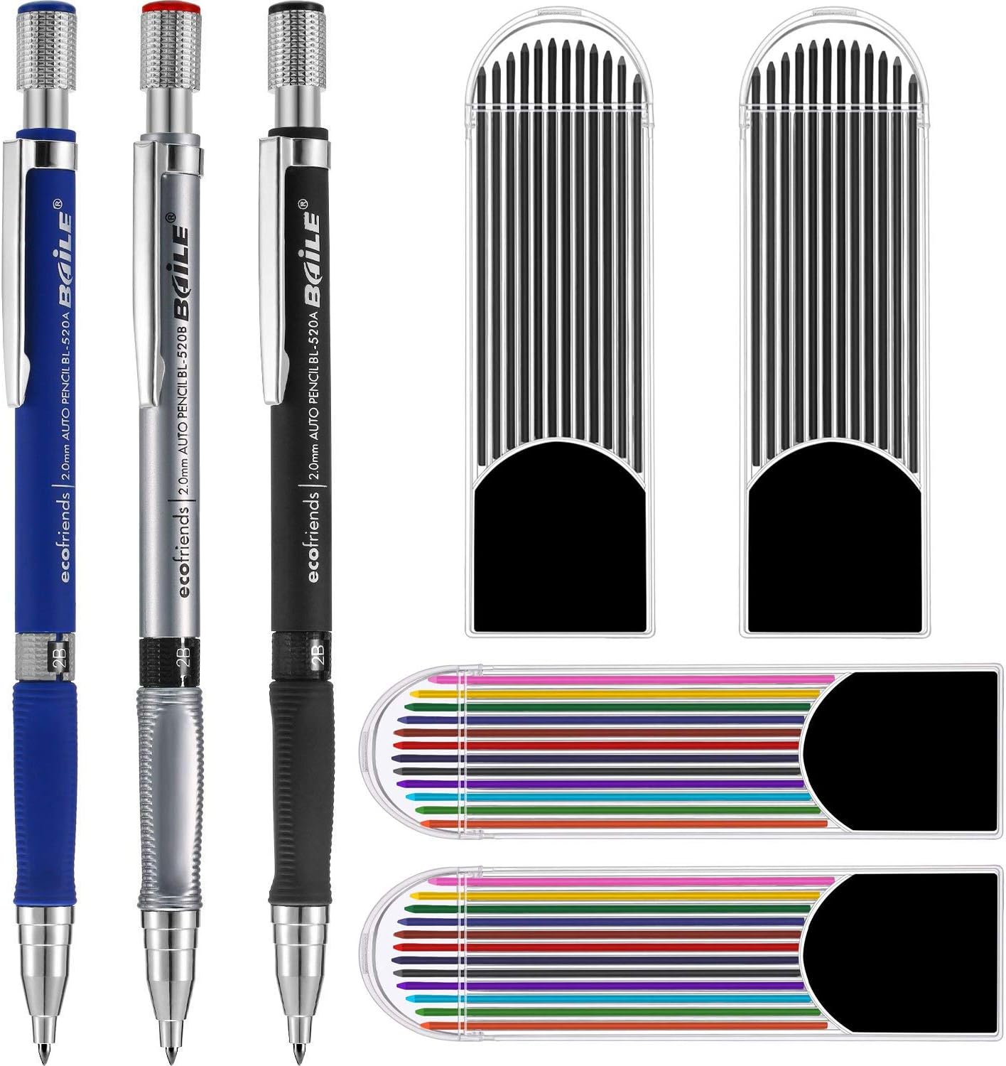 3PCS 2.0 mm Mechanical Pencils with Bonus 4 Cases Lead Refills, Color and Black Refills for Draft Drawing, Writing, Crafting, Art Sketching, Carpenter.