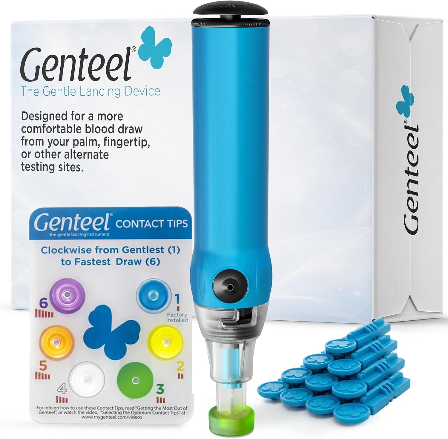 Genteel Lancing Device - Pain-Free Vacuum Lancing Device for Diabetes Testing - Blood Sugar, Glucose, Ketone, and DNA Home Tests (Butterfly Blue)