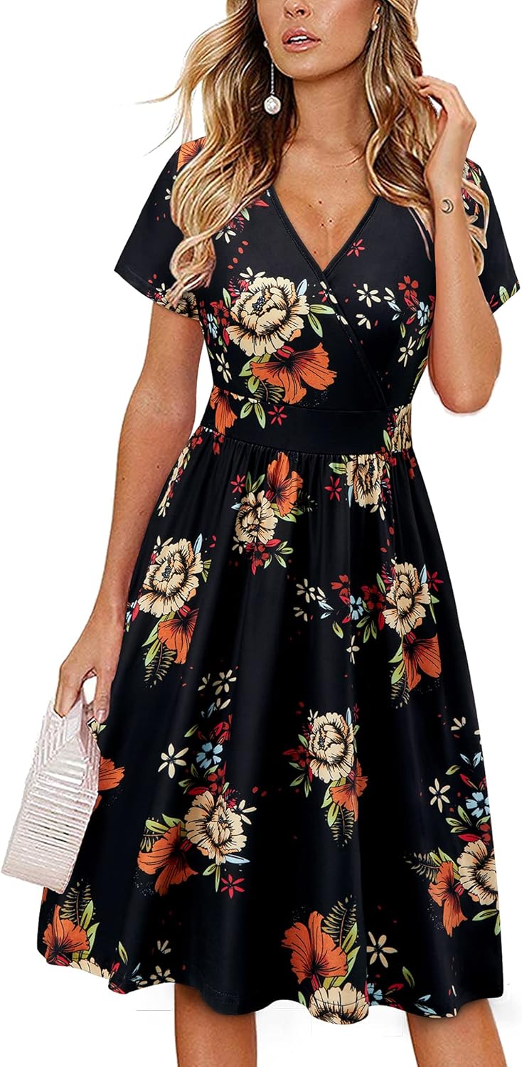 VOTEPRETTY Women's Short Sleeve V Neck Wrap Summer Dress Casual Floral Sundress with Pockets