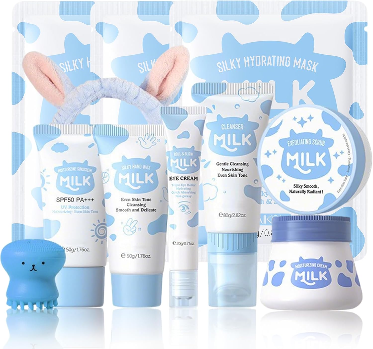 Milk Skin Care Sets&Kits,Milk Skincare Set, Beauty Gift Sets for Teenage Girls,Skincare Set with Cleanser,Cream, Eye Cream, Scrub,Sunscreen,Face Mask*3, Hand Wax, Brush and Head Band(11PCS)
