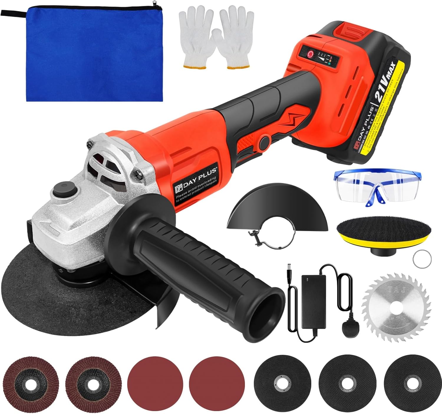 21V Cordless Brushless Angle Grinder with Battery and Charger, 115mm 3-Speed Grinder for Cutting, Grinding, Polishing Metal, Wood, Tile, Includes Discs,Saw Blade, Gloves, Goggles