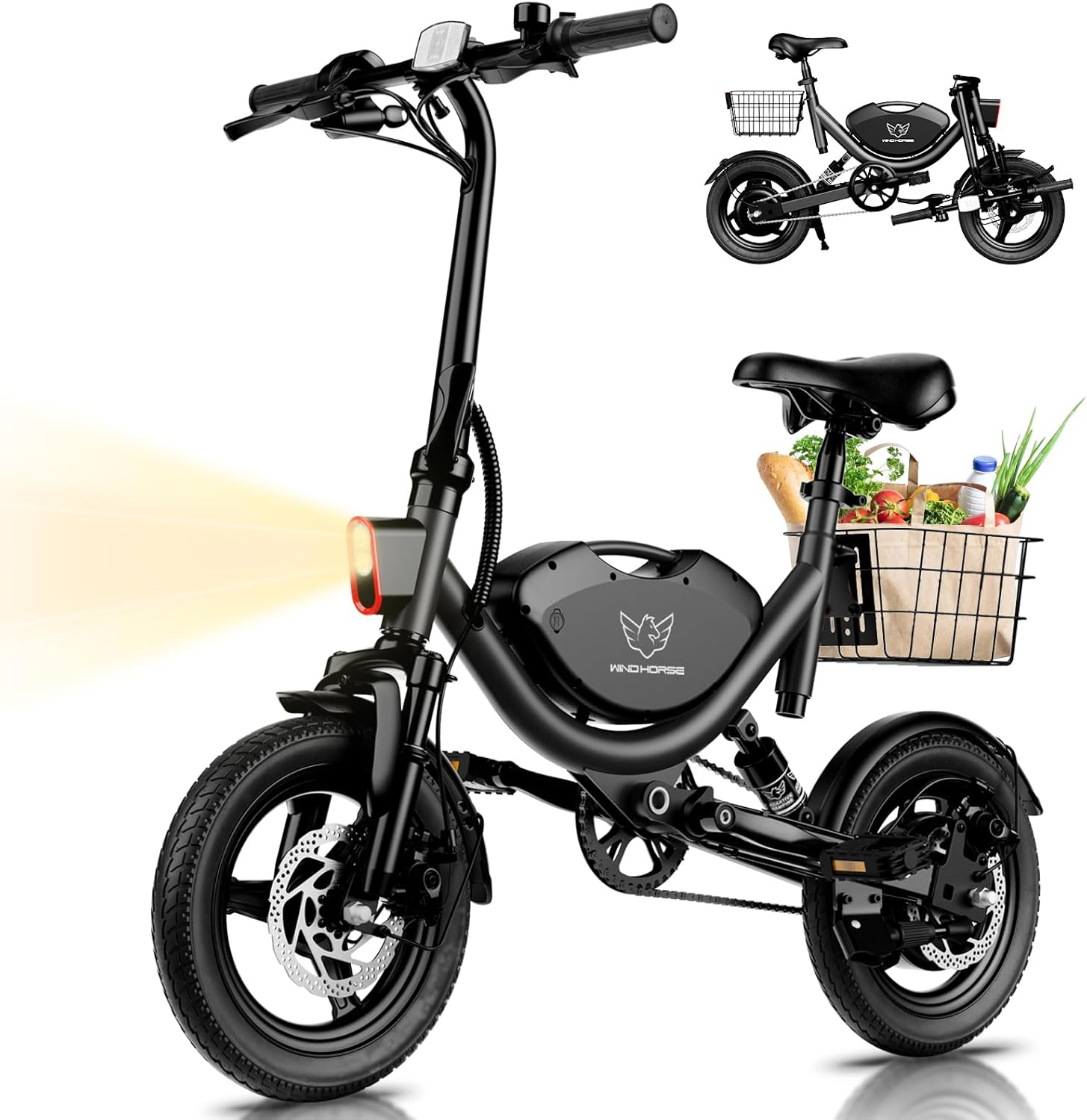 Electric Bike with Basket, 14" Folding Ebike 22 MPH, 35 Miles Range, Dual Suspension, 715W Peak Brushless Motor with 30° Uphill, Adjustable Seat, Commuter Electric Bicycle for Adults 330LBS Load