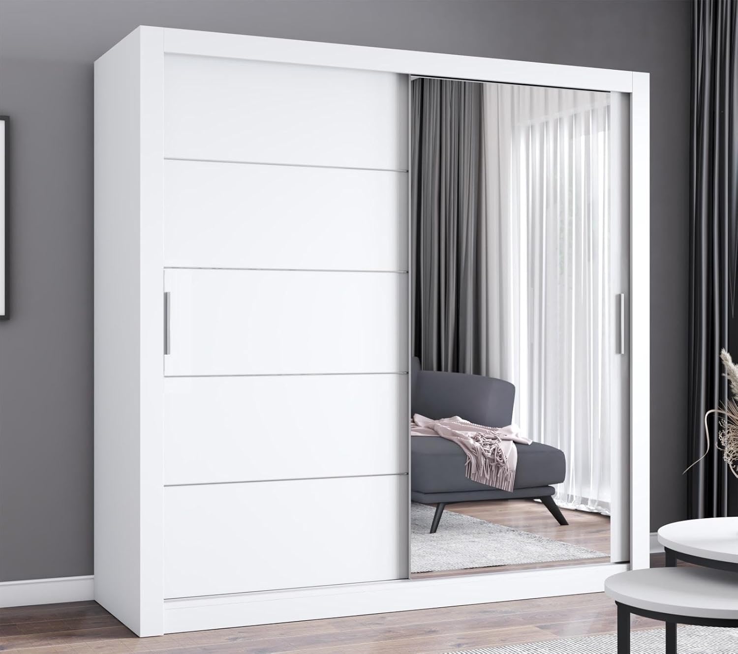 AOF-IBIZA Sliding Mirror Door Wardrobe – Modern Bedroom Closet with Shelves, Hanging Rails & Drawers – Available in 100–120-150-180-203 and 250cm – White, Grey, Oak, or Black (White, 203cm)