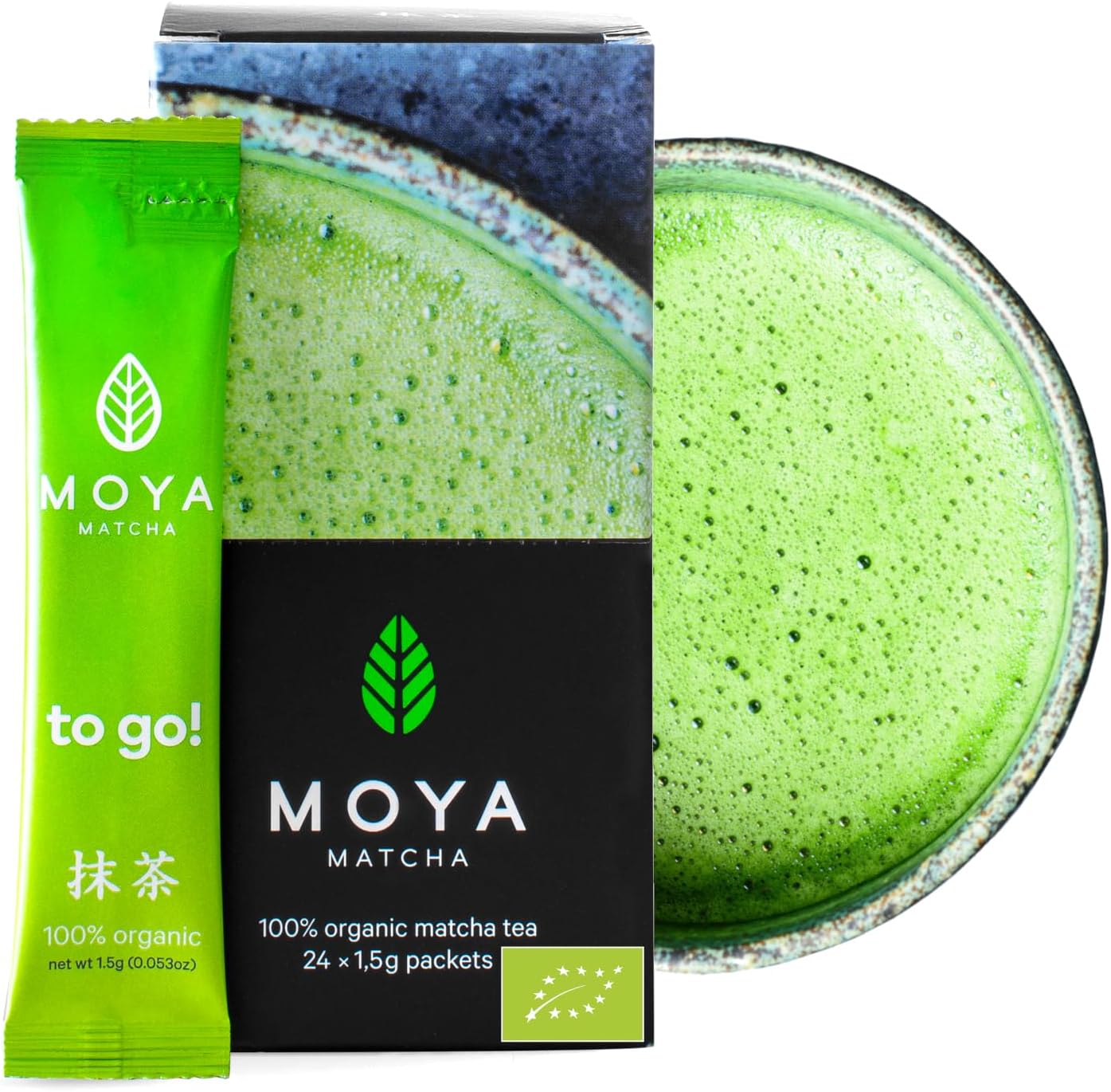 Organic Moya Matcha to Go! Sachet Tea | Box of 24 x 1,5g Packets Sticks | Powder Perfect for Drinking with Water, Lattes, Smoothies & Lemonades
