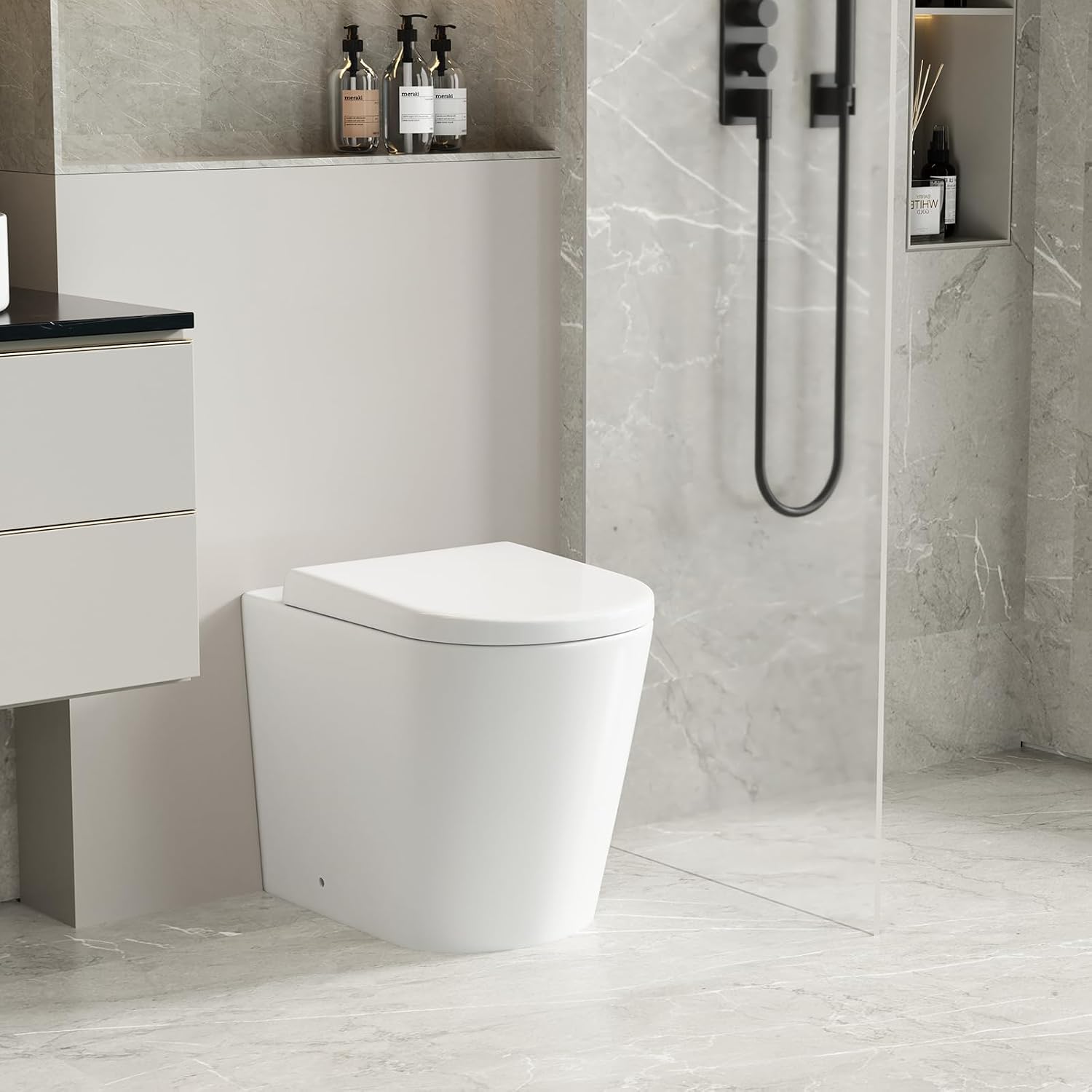 Modern BTW Back to Wall Toilet Concealed Cistern Toilets, White Ceramic WC Short Projection Pan Concealed Toilet Cistern Soft Close Seat Compact Bathroom Toilets
