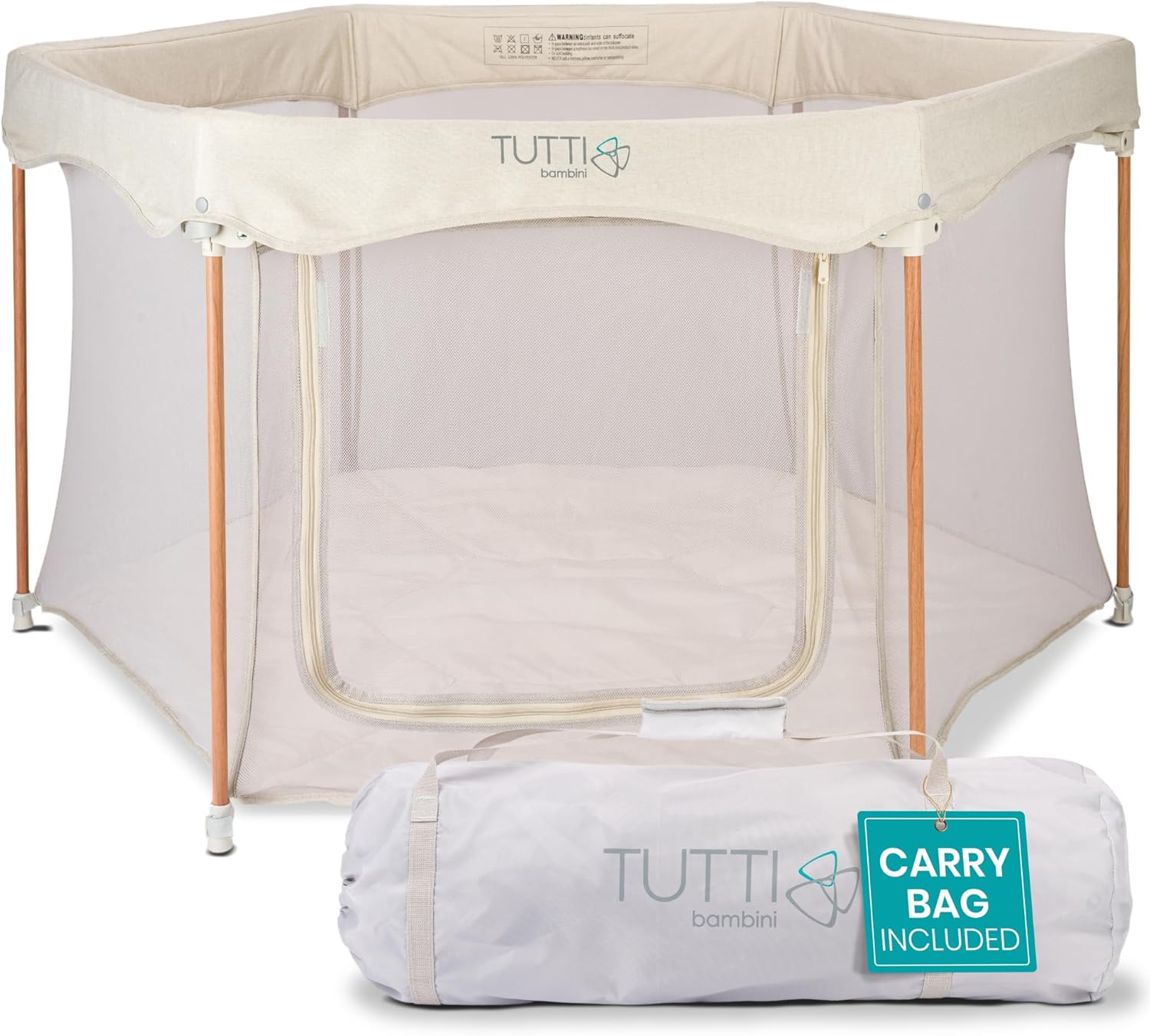 Tutti Bambini Baby Playpen - Foldable Playpen for Baby & Toddlers with Breathable Mesh Walls, Padded Frame, Zip Door & Fitted Playpen Mat, Baby Play Pen with Travel Bag (135 cm x 135 cm x 75 cm), Ecru