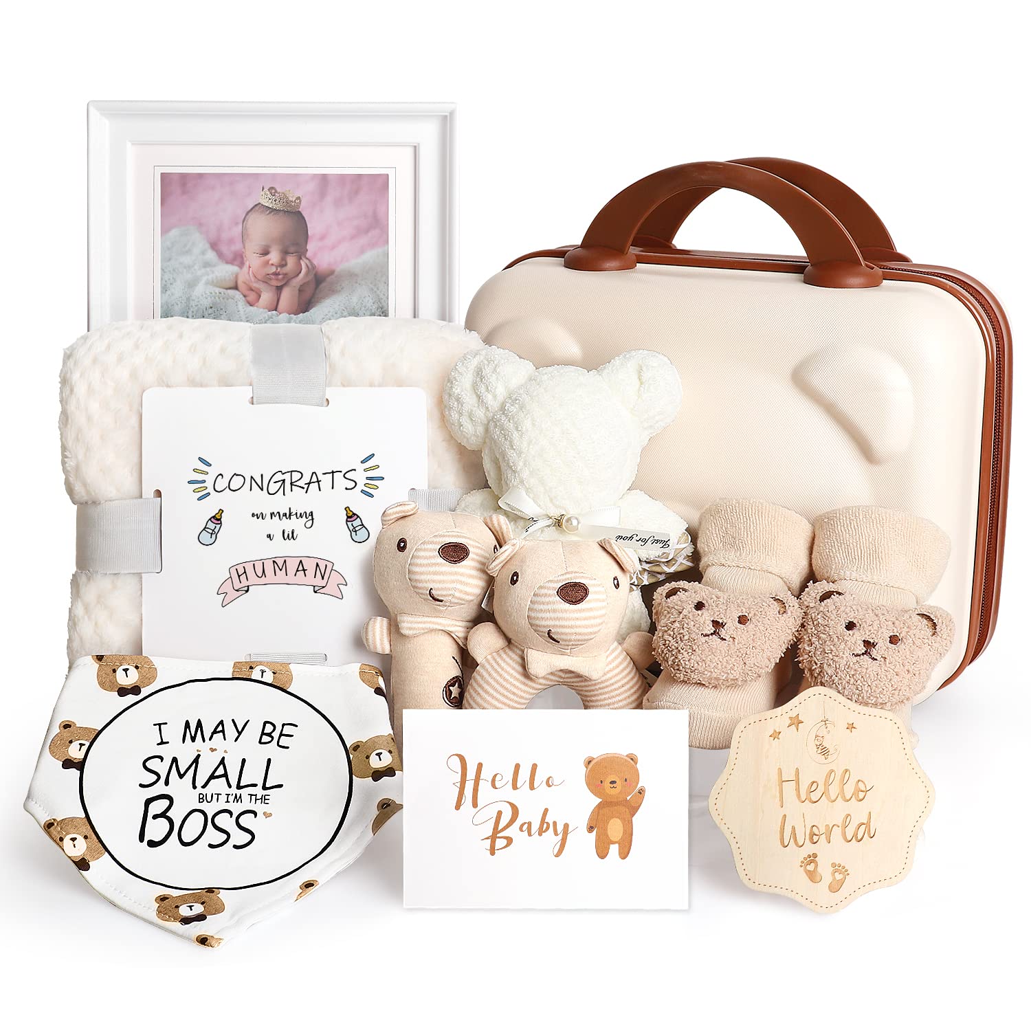 Baby Gift Set, Baby Shower Gifts for Girls Boys, Bear New Baby Gift Basket Include Newborn Rattle Blanket Wooden Keepsake Milestone Cute Bibs Socks Greeting Card, Baby Gift Essentials Stuff