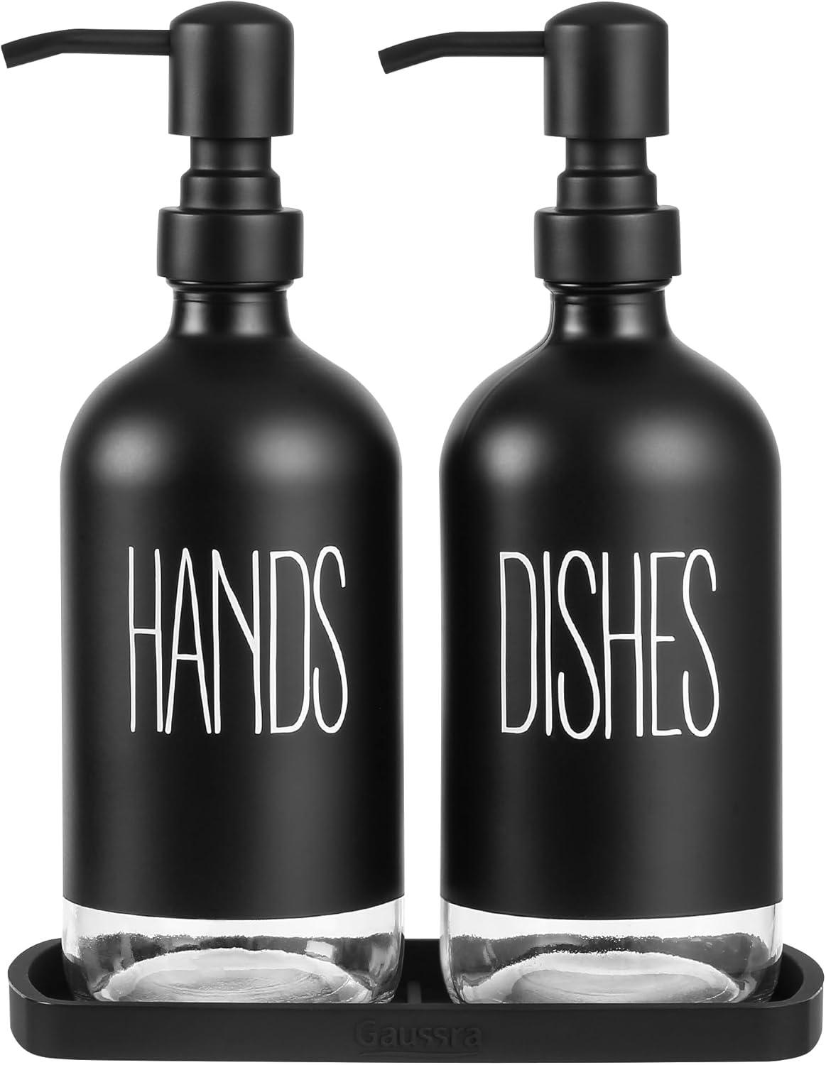 Kitchen Soap Dispenser Set with Tray, Hand and Dish Soap Dispenser for Kitchen Sink, Stainless Steel Pump, 16 Oz Glass Soap Dispenser Bathroom, Modern Farmhouse Kitchen Decor (Black)