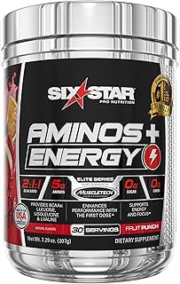 Six Star Aminos Plus Energy, BCAA Powder, Fruit Punch, 30 Servings, Natural color